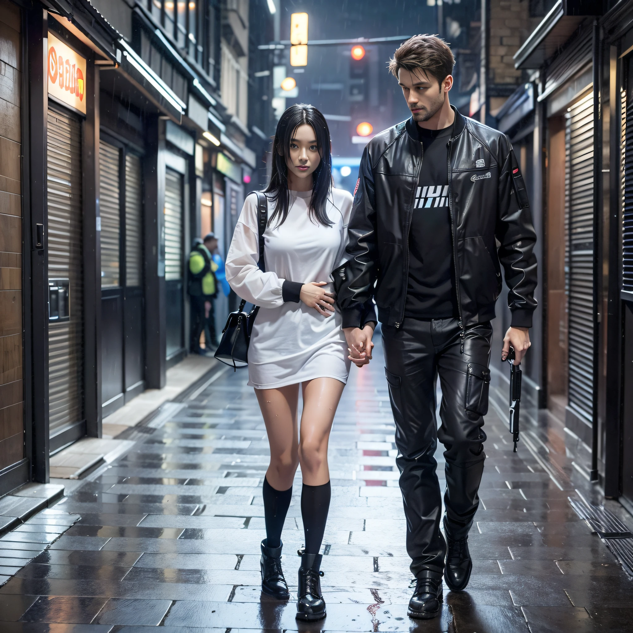 A man and a woman are agents hugging each other, it's raining, they're holding pistols, they're hiding, their clothes are torn, their clothes are wet, they're being chased on a narrow street corner in modern London, the two are physically close together, cyberpunk style, 8K photos, good detail, masterpiece, top quality, high resolution, super detail