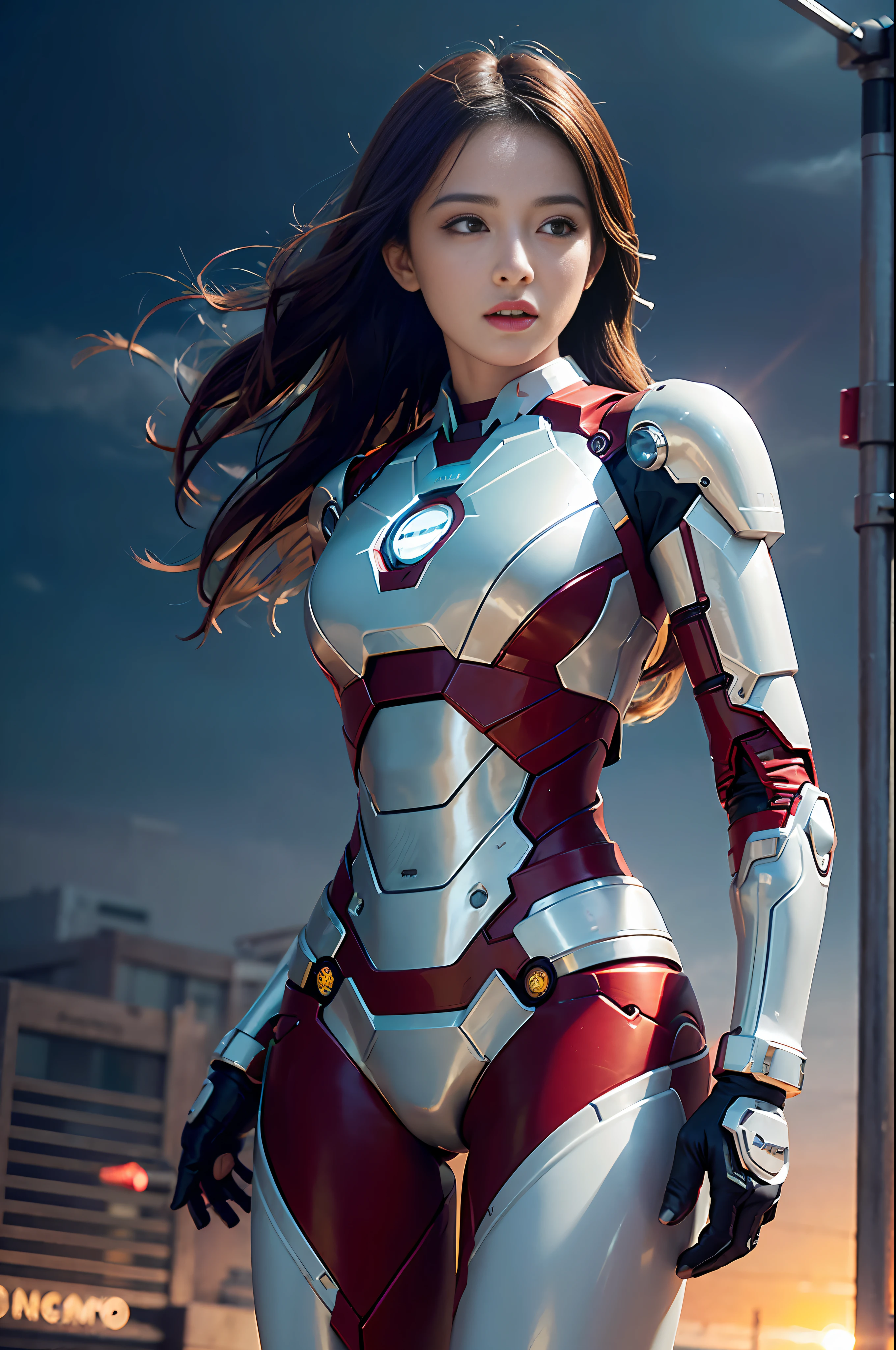 RAW, Masterpiece, Ultra Fine Photo,, Best Quality, Ultra High Resolution, Photorealistic, Sunlight, Full Body Portrait, Stunningly Beautiful,, Dynamic Poses, Delicate Face, Vibrant Eyes, (Side View) , she is wearing a futuristic Iron Man mech, very detailed background, detailed face, detailed busy background, messy, gorgeous, milky, high detailed skin, realistic skin details, visible pores, sharp focus, volume Fog, 8k uhd, dslr, high quality, film grain, fair skin, photorealism, lomography, sprawling metropolis in a futuristic dystopia, view from below, translucent