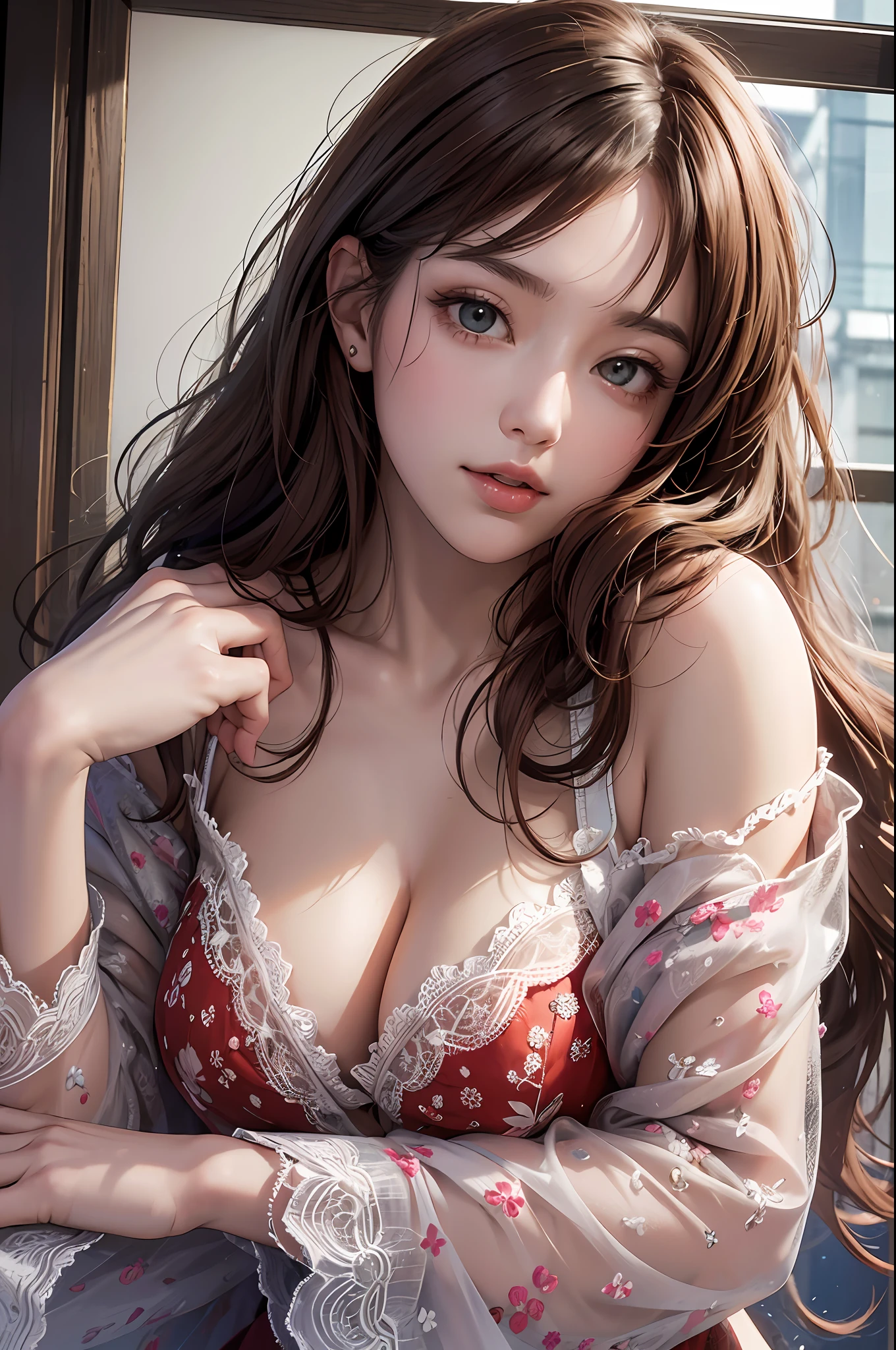 (Best Quality, 8k, 32k, Masterpiece, UHD: 1.3), Attractive Japan Female Pictures, One Girl, (Big: 1.2), Erotic Underwear Style, Lace, Lace Cardigan, Red, Undressed, Shoulder Out, Super Cute, Pastel Colors, Upper Body to Thighs, Nice Perfect Face with Soft Skin, Gorgeous Wavy Long Brown Hair, 8
K resolution, ultra-realistic, ultra-detailed, high quality, living, large
Bile Pose Cute Pose --auto --s2