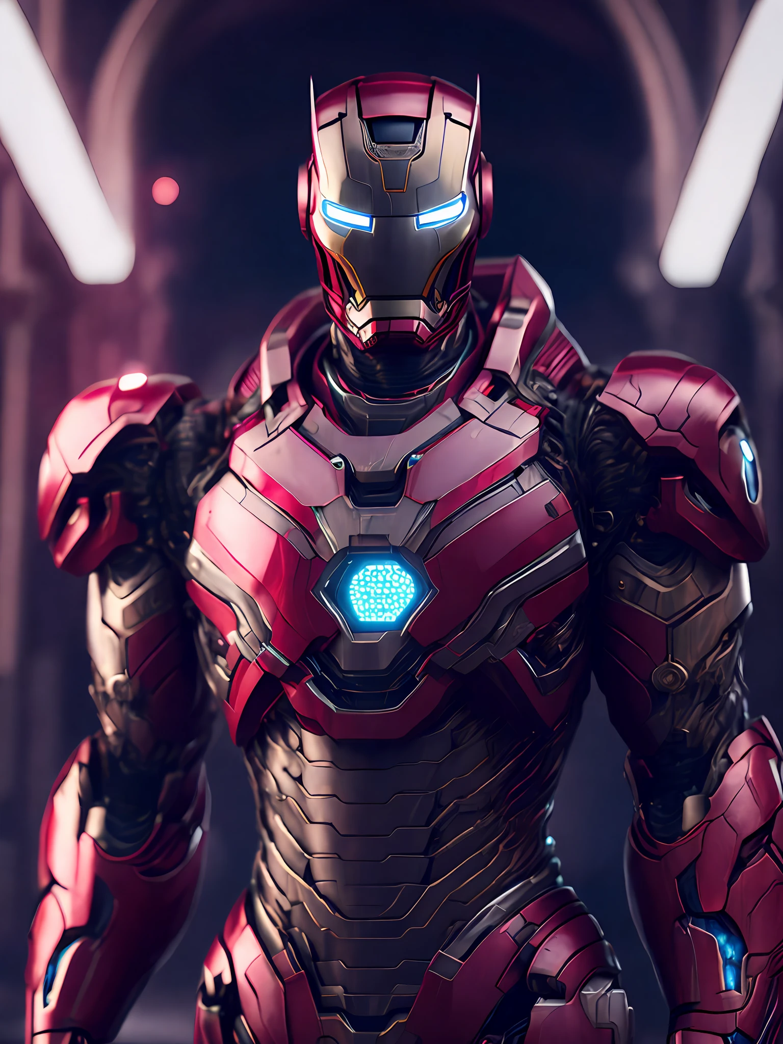 Portrait, Iron Man from Marvel, biomechanical, complex robot, full growth, hyperrealistic, insane small details, extremely clean lines, cyberpunk aesthetic, masterpiece featured on Zbrush Central, gothic brutalist cathedral, cyberpunk, award-winning photo, bokeh, neon lights, cybernetic limb