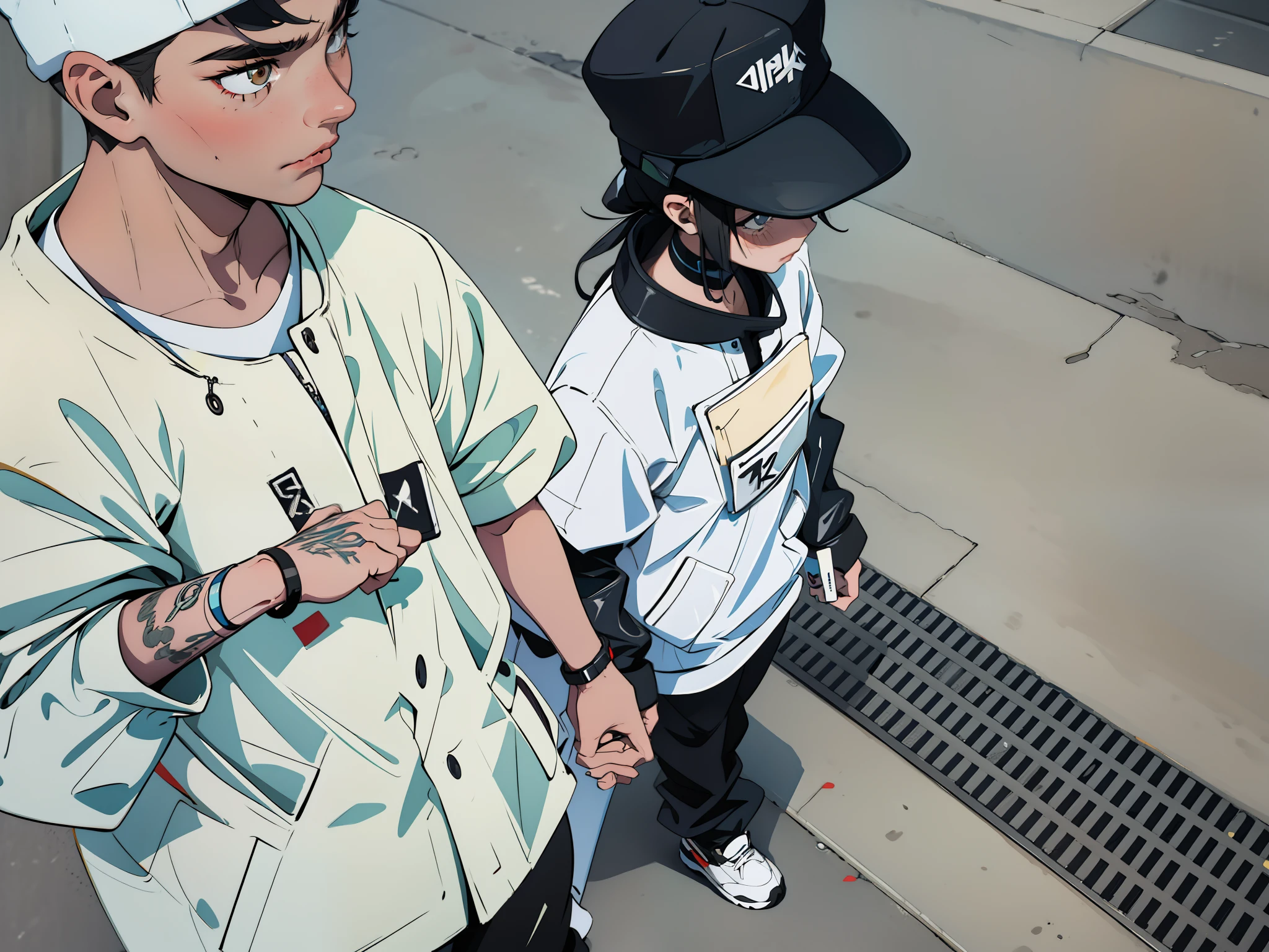 They stand on the sidewalk wearing hats, off-season streetwear collection, wearing japanese techwear, japanese streetwear, streetwear, headless, hype beast, streetwear fashion, cyberpunk streetwear, 2 people, pop r/streetwear, wearing space tech suit, god-fearing style, wearing cyberpunk streetwear, streetwear, casual streetwear, Sket - One x iamretro, holding hands