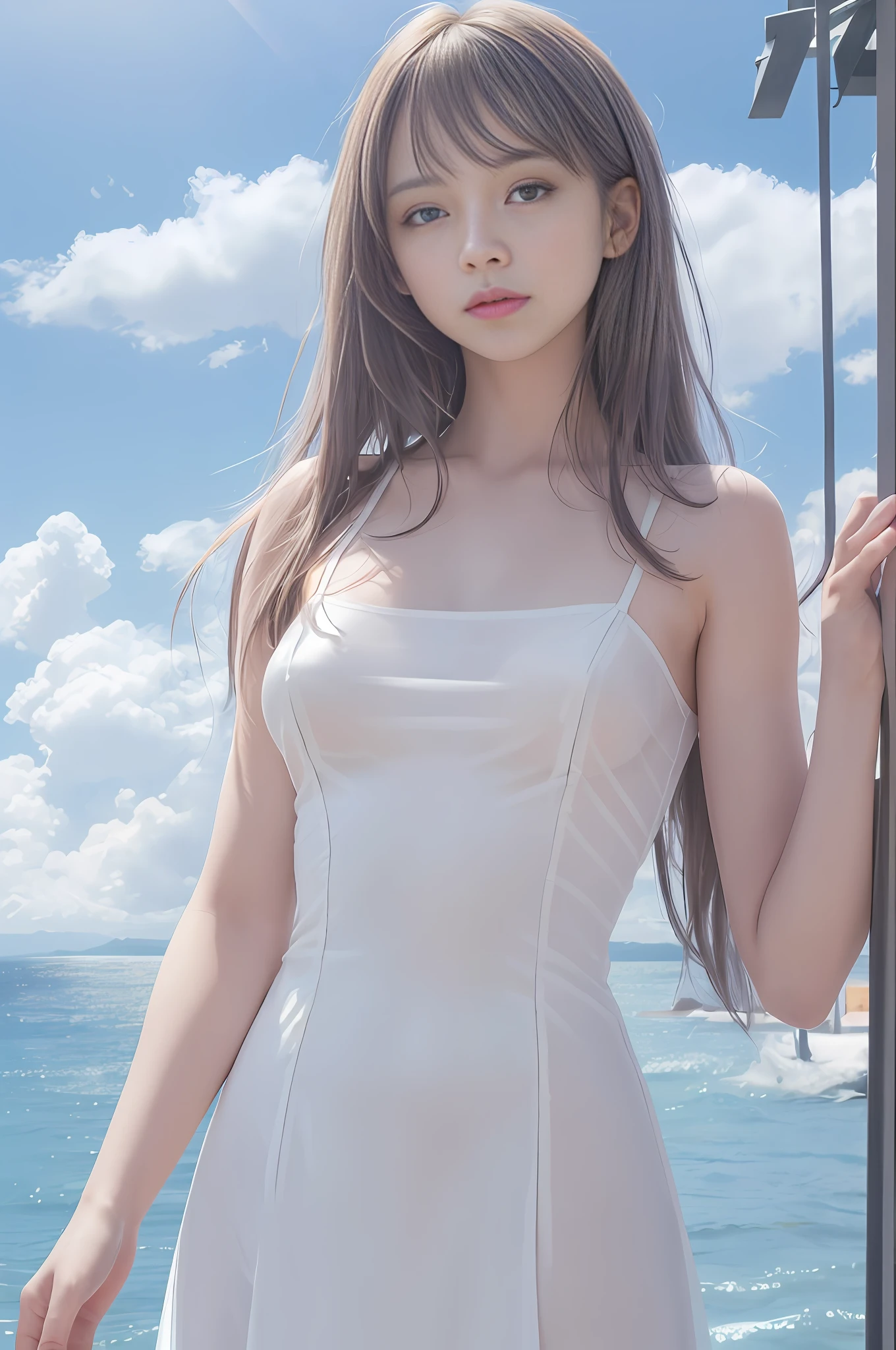(Masterpiece, Real: 1.4), (Very Complex: 1.2), >, Close Shot, Portrait, (Upper Body: 1.2), (From the front: 1.3), (White Sexy Underwear)), (Long Dress: 1.2), Very Long Hair, Chest, Bare Shoulders, Sky, Sea, Water, Watching the Viewer, Italian, Head Tilt, Wind, Clouds, Daylight, Outdoor, 1 Girl, Solo, Break, Cinematic Lights, Ultra High Definition, 8k UHD, film grain, perfect anatomy, exquisitely detailed skin, best shadow, delicate, RAW, high resolution, (((thin fabric)), ((sheer)), ((protruding hard,