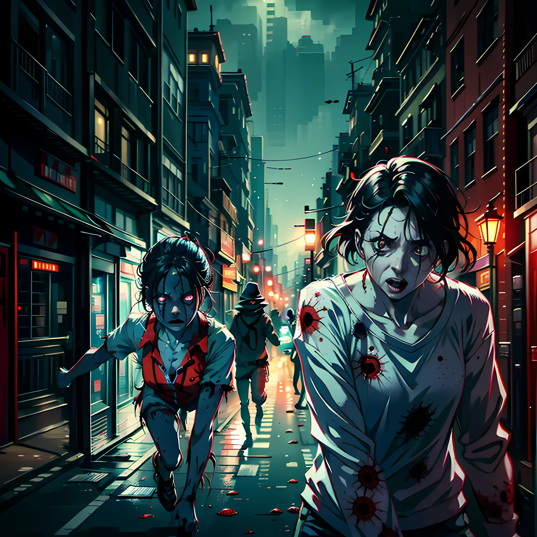 At night, on the street, red moon, there are zombies, people are running away, running, chasing, far view, about to become zombies, face details, no blood, no horror, super high detail, high real, 4K, chiaroscuro, super high detail