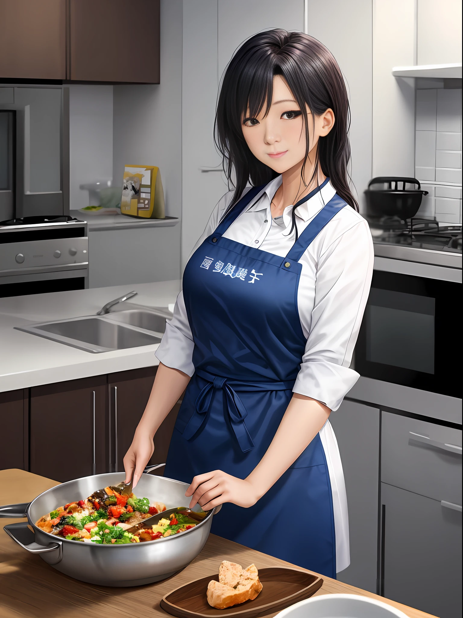 Woman cooking in kitchen, beautiful, apron, casual clothes, modern kitchen, highly detailed, dynamic lighting, depth of field, sharp focus, Michiko Sato is a 42-year-old IT company manager who lives with her husband and two children in an apartment in the city center. He is serious and has a strong sense of responsibility, and while balancing work and family, he emphasizes self-development and enjoys learning new things. I am highly conscious of my health and try to cook for myself and my family's health, but I am worried about skipping my own meals due to busyness and getting stuck in a rut where I always end up with the same menu. They want a way to balance work and family while continuing to eat healthy and varied meals."