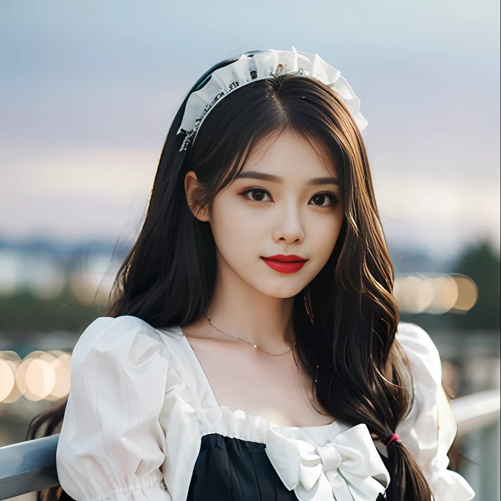 1girl, solo, mix4, (realistic:1.1), ultra detailed, looking at viewer, sweet_lolita, standing, natural lighting, (pureerosface_v1:0.8), amusement park in the background, (night), maid headdress, wince, ribbon, twintails, seductive smile, (photorealistic:1.1), depth of field, cowboy shot, (masterpiece:1.1), (best quality:1.1)