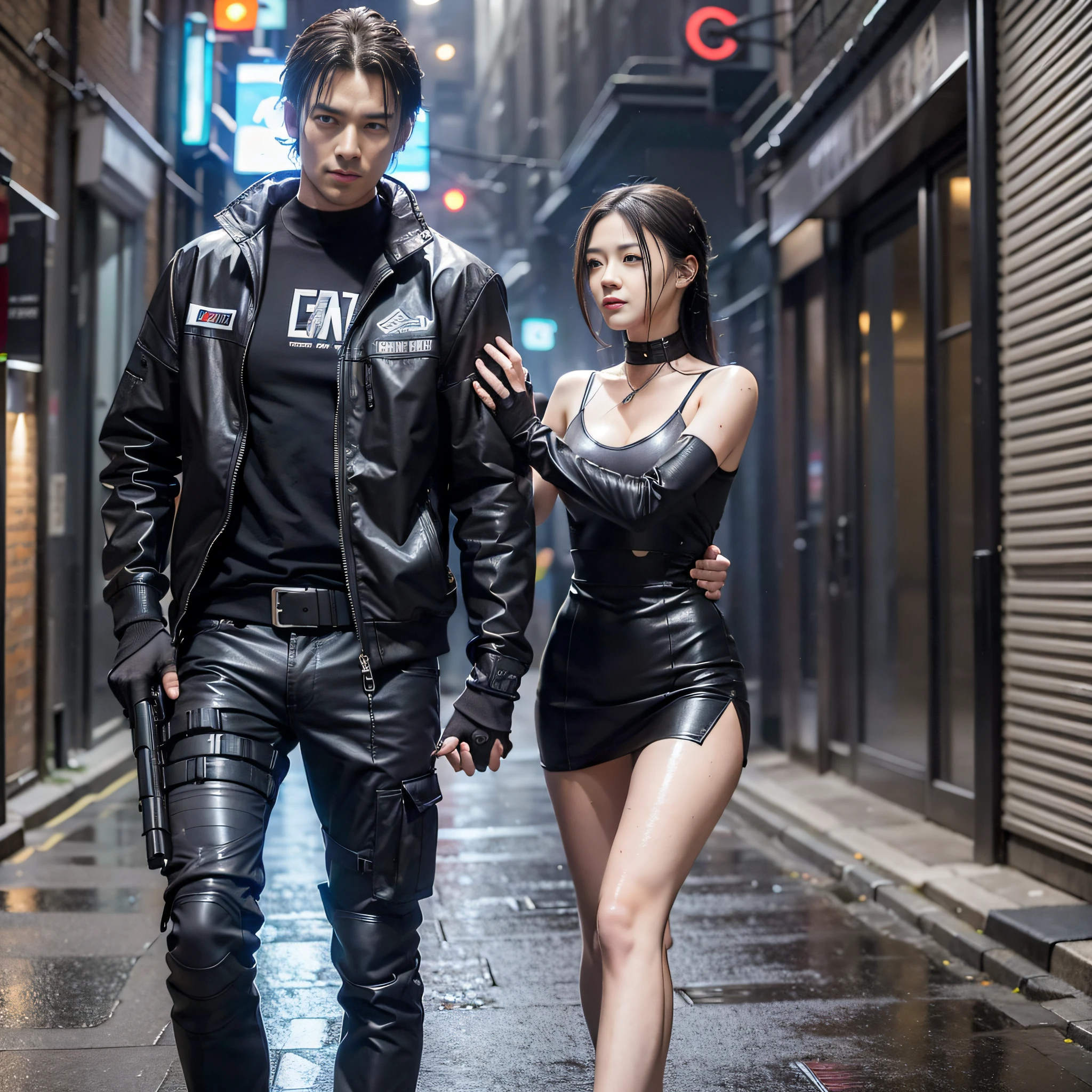 A man and a woman are agents hugging each other, it's raining, they're holding pistols, they're hiding, their clothes are torn, their clothes are wet, they're being chased on a narrow street corner in modern London, the two are physically close together, cyberpunk style, 8K photos, good detail, masterpiece, top quality, high resolution, super detail