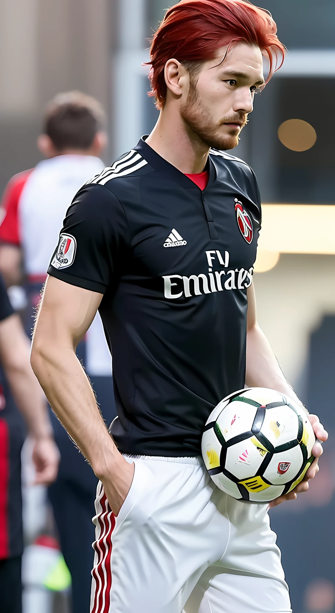 Footballer, Soccer Player, Ballon d'Or, World Class, Ace Striker, Real Soccer Player, Red Hair, Red Hair, Active in Europe, 183cm, 74kg, FW, Japan, Japanese, Red Vertical Striped Uniform, White Pants, No. 10, #10, AC Milan, Black Beard, 28 years old, Slender, Very delicate, 8K, No. 10, #10, Center forward, Asian, uniform, more delicate, ultimate delicate human being