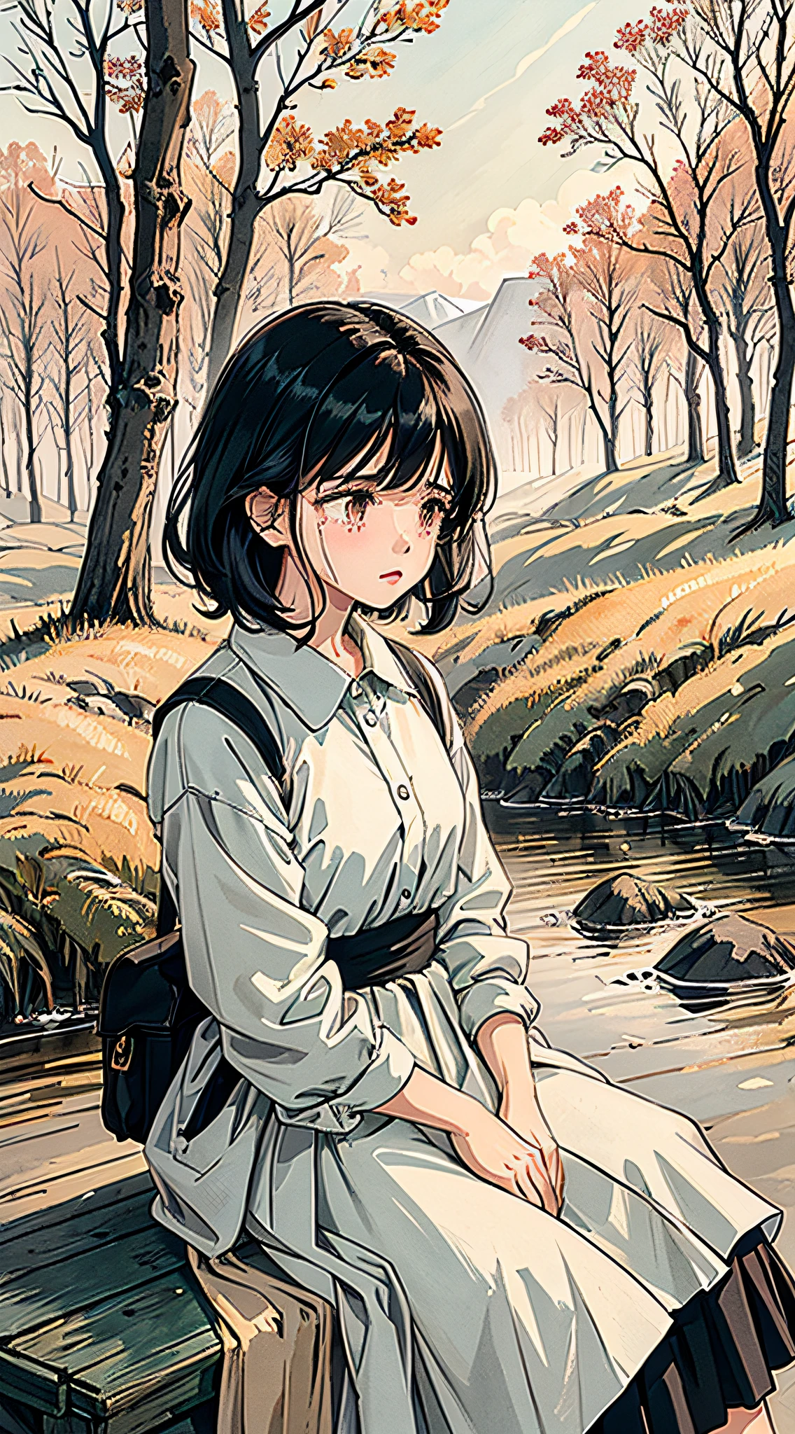 1 for a girl, black hair, fever outdoors, very weak, surrounded by many friends, very worried face, teacher is also guarding, (hair color: black), (age: child), (setting: rural), (time: noon), (background: nature), (surroundings: wooded), (atmosphere: low), (interaction: helpless crying), (dress: casual), (expression: sad), (mood: weakness), (composition: open outdoor space), (lighting: nature) , (Atmosphere: Bleak), (Adventure: Obvious), (Freedom: Open Space), (Presence of Teachers: Ensuring Safety),