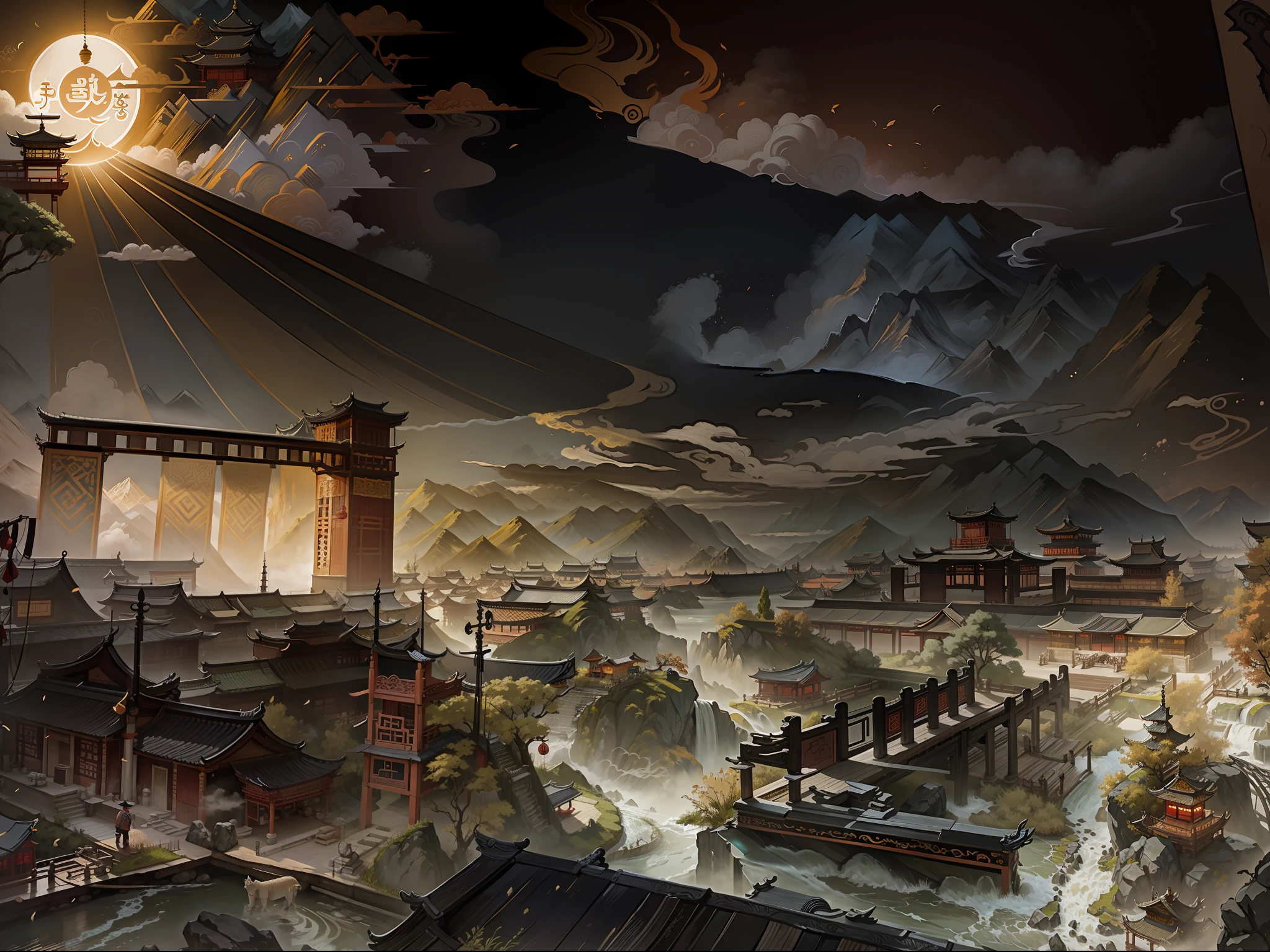 Ancient Chinese scenery, mountains, rivers, auspicious clouds, sunshine, masterpieces, super detail, epic composition, ultra HD, high quality, extremely detailed, official art, unified 8k wallpaper, Super detail, 32k -- v 6