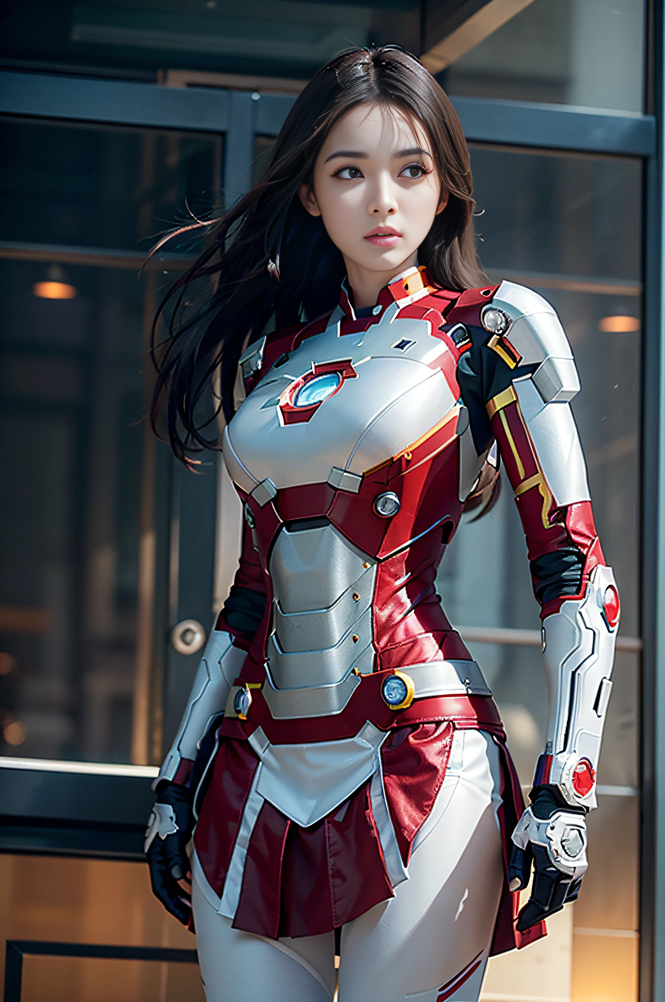 ulzzang-6500-v1.1, (raw photo:1.2), (photorealistic:1.4), beautiful detailed girl, very detailed eyes and face, beautiful detailed eyes, ridiculous, incredibly ridiculous, huge file size, super detailed, high resolution, very detailed, best quality, masterpiece, ((wearing Iron Man mech)), illustration, very detailed, CG, unified, 8k wallpaper, amazing, fine details, masterpiece, Best Quality, Very Detailed CG Uniform 8k Wallpaper, Light on Face, Cinematic Lighting, 1girl, 16 years old, long white hair, side splits, (Big breasts), ((Dynamic pose))), (Sexy pose))), (Half), ((Black hip skirt))), RAW, Masterpiece, Super Fine Photo,, Best Quality, Ultra High Resolution, Photorealistic Photorealism, Sunlight, Full Body Portrait, Amazing Beauty,, Dynamic Pose, Delicate Face, Vibrant Eyes, (From the side), She wears a futuristic Iron Man mech, very detailed background, detailed face, detailed complex busy background, messy, gorgeous, milky white, highly detailed skin, realistic skin details, visible pores, sharp focus, volumetric fog, 8k UHD, DSLR camera, high quality, film grain, fair skin, photorealism, lomography, huge metropolis in a future dystopia, seen from below, translucent