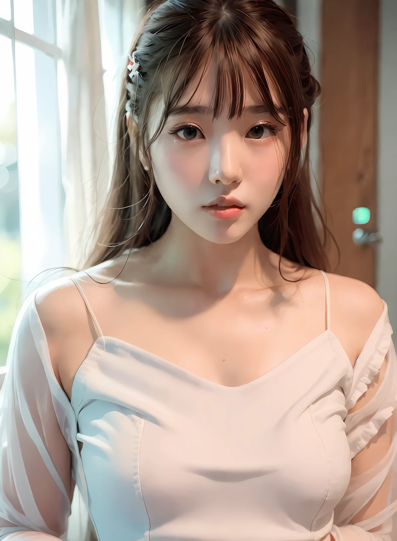 There is a woman in a white dress standing in front of the mirror, beautiful and cute Korean actress, cute thin face of girl, Hwang Se-an, Lee Ji-eun, Lee Ji-eun, gorgeous Korean young woman, Choi Hyun-hwa, Jung Shin-min, Nam Jae-yeon, masterpiece, super detail, epic composition, ultra HD, high quality, extremely detailed, official art --auto --s2