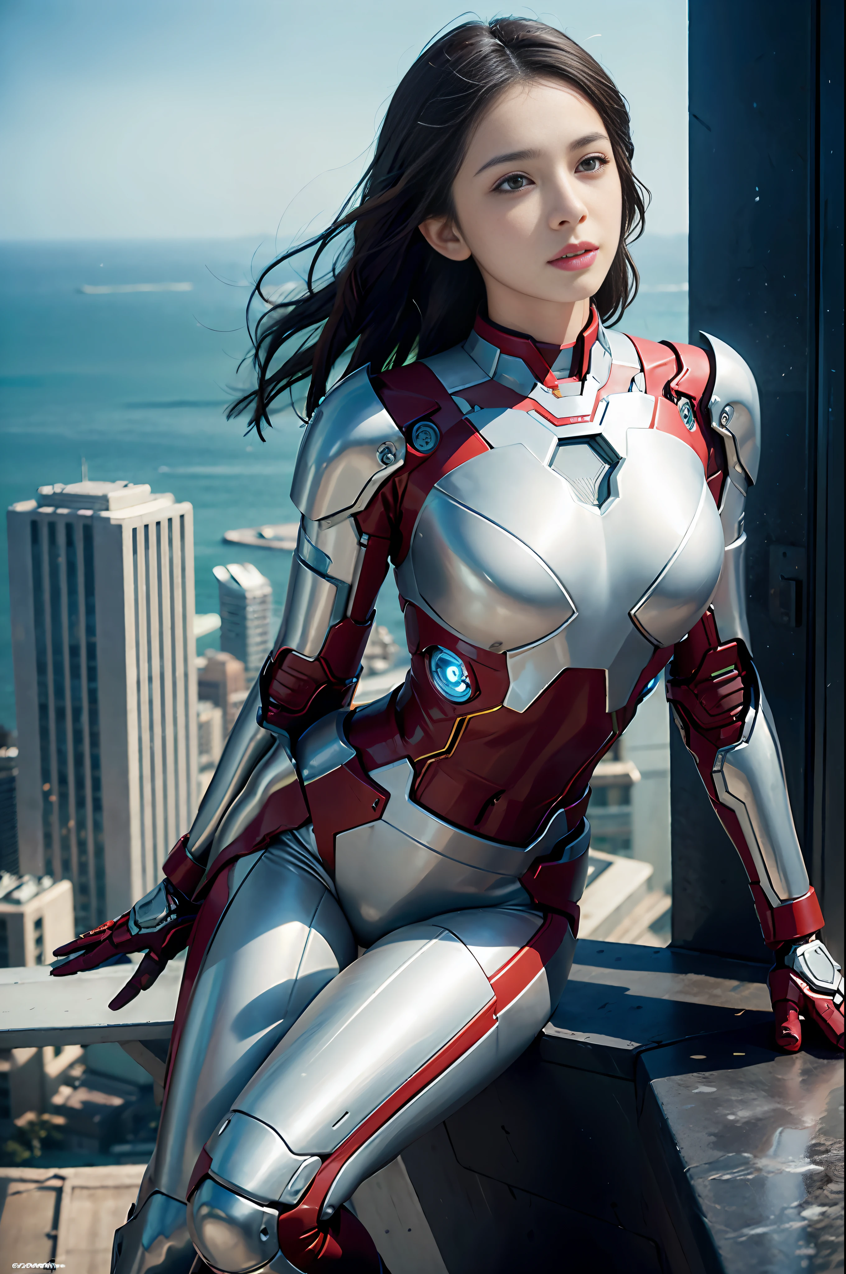 RAW, Masterpiece, Ultra Fine Photo,, Best Quality, Ultra High Resolution, Photorealistic, Sunlight, Full Body Portrait, Stunningly Beautiful,, Dynamic Poses, Delicate Face, Vibrant Eyes, (Side View) , she is wearing a futuristic Iron Man mech, very detailed background, detailed face, detailed busy background, messy, gorgeous, milky, high detailed skin, realistic skin details, visible pores, sharp focus, volume Fog, 8k uhd, dslr, high quality, film grain, fair skin, photorealism, lomography, sprawling metropolis in a futuristic dystopia, view from below, translucent