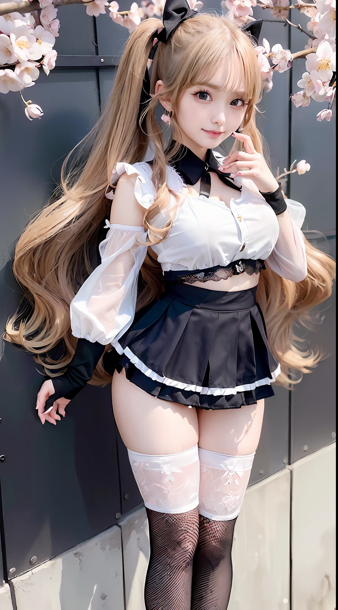 (rtx,vvs,super_detail, wide shot, full body), high_qualityBlonde_hair, egg shaped_face,blue_eyes, small_nose, long_eyelashes,small_face, woman, 1girl, serafuku_ (sexy uniform), cleavage_cutout, center_opening,((sideboop, underboop, midriff, stomach_cutout, navel_cutout, side_slit,large_breasts)), zettai_ryouiki, crotch_cutout, school_uniform, bow_hair, lip gloss, lip_balm, standing, masterpiece, pronounced, highres, finely_detailed, (perfect_face, perfect_eyes, perfect_fingers, perfect_hands, perfect_arms),Long pigtails, (((cherry blossom background)),Cute girl,,((K-pop,K-pop idol,Korea,Korean idol,revealing_clothes, 25-year-old female)),(delicate eyes, clear eyes)((oiled:1.3))
