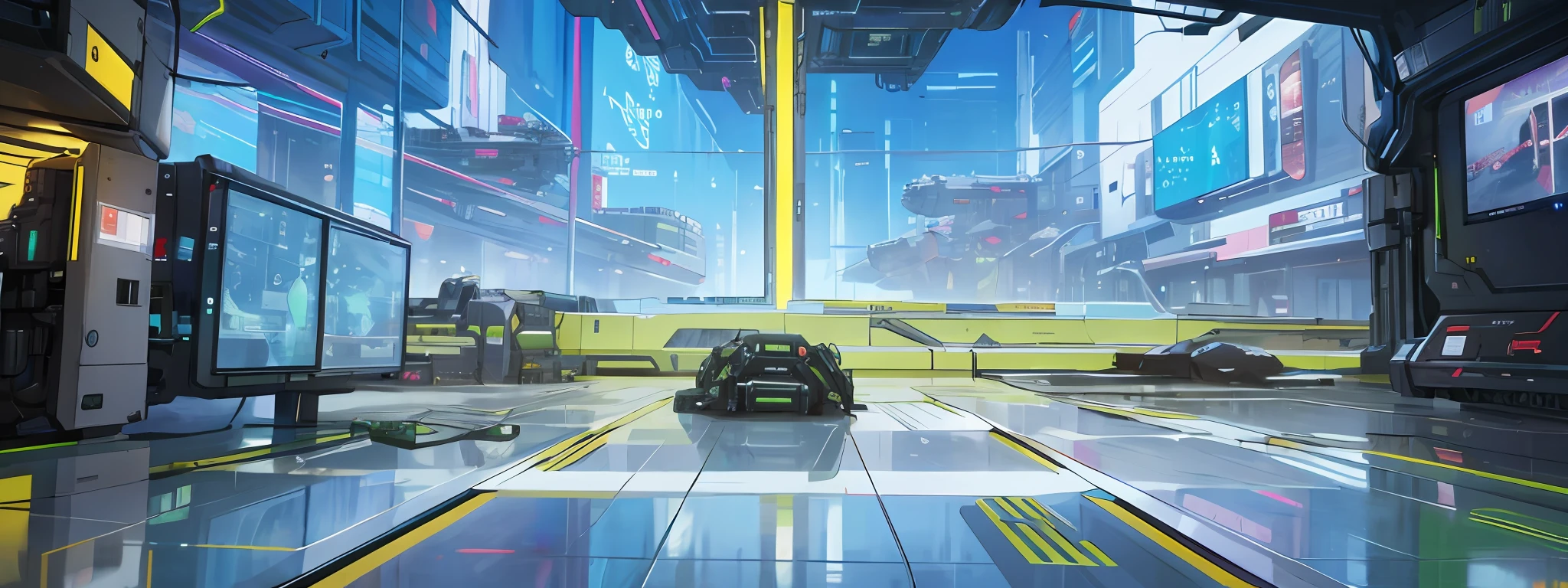 Cyberpunk, indoor scene, science fiction scene, full of technology, empty ground, modern, detailed, glass, HD,
