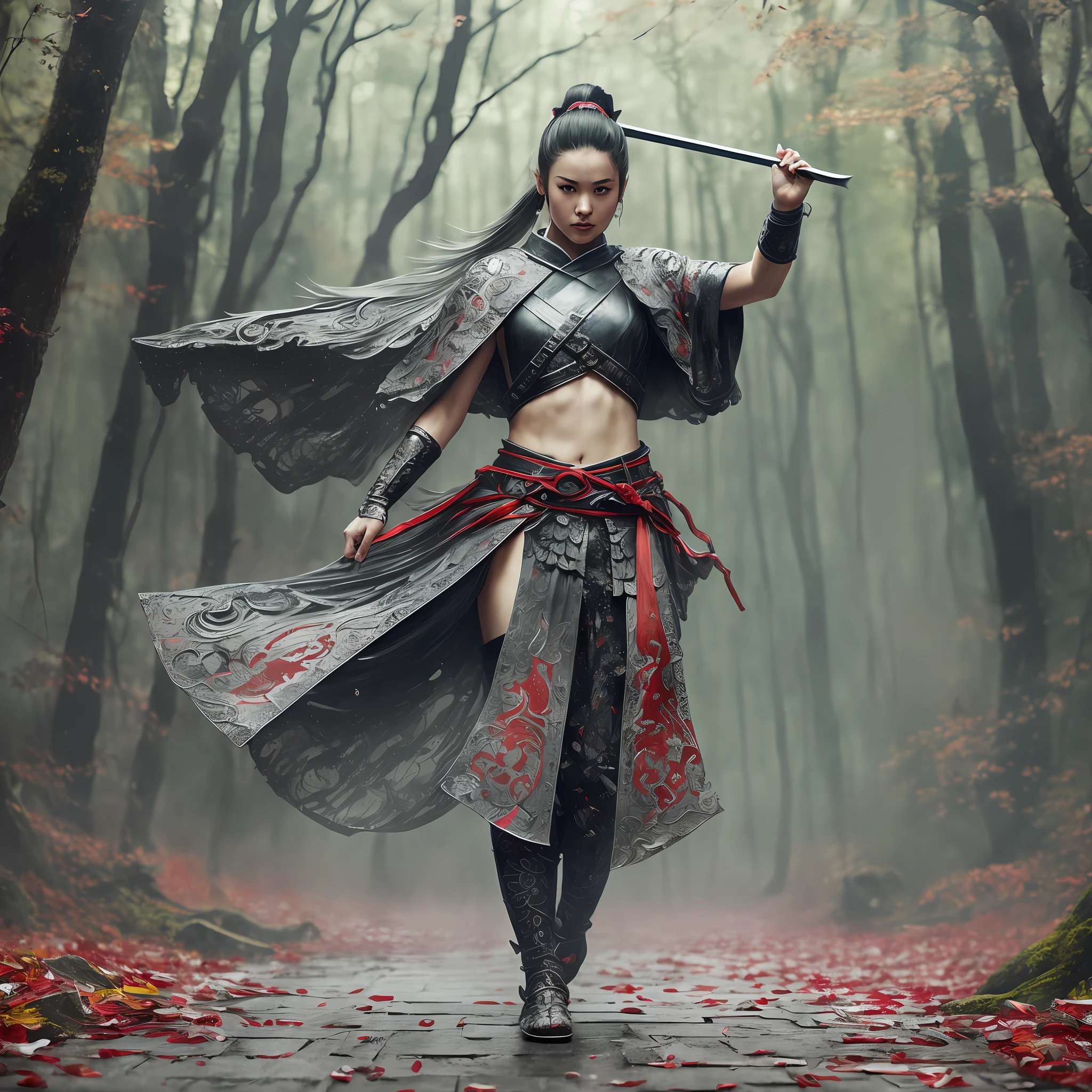 full body, (Fighting with ancient Chinese swords:1.1), (slow motion:1.2), assassin wearing black cloth made of liquid paint, wet, red cloak, (insanely detailed:1.5), ((analog)), (highest quality, Alessandro Casagrande, Greg Rutkowski, Sally Mann, concept art, 4k), (colourful), (high sharpness), ((detailed pupils)), red eyes, ((painting:1.1)), (digital painting:1.1), detailed face and eyes,Masterpiece, best quality, highly detailed photo:1, 8k, detailed face,photorealistic, (silver Hair,ponytail hair cut, ecstatic:1.1),(older woman:1.3),By Chinese Young Women,((samurai)), sharp, ((perfect body)), realistic, real shadow, 3d, ((crop top)), ((full body)), ((forest background)), (by Michelangelo) --auto --s2