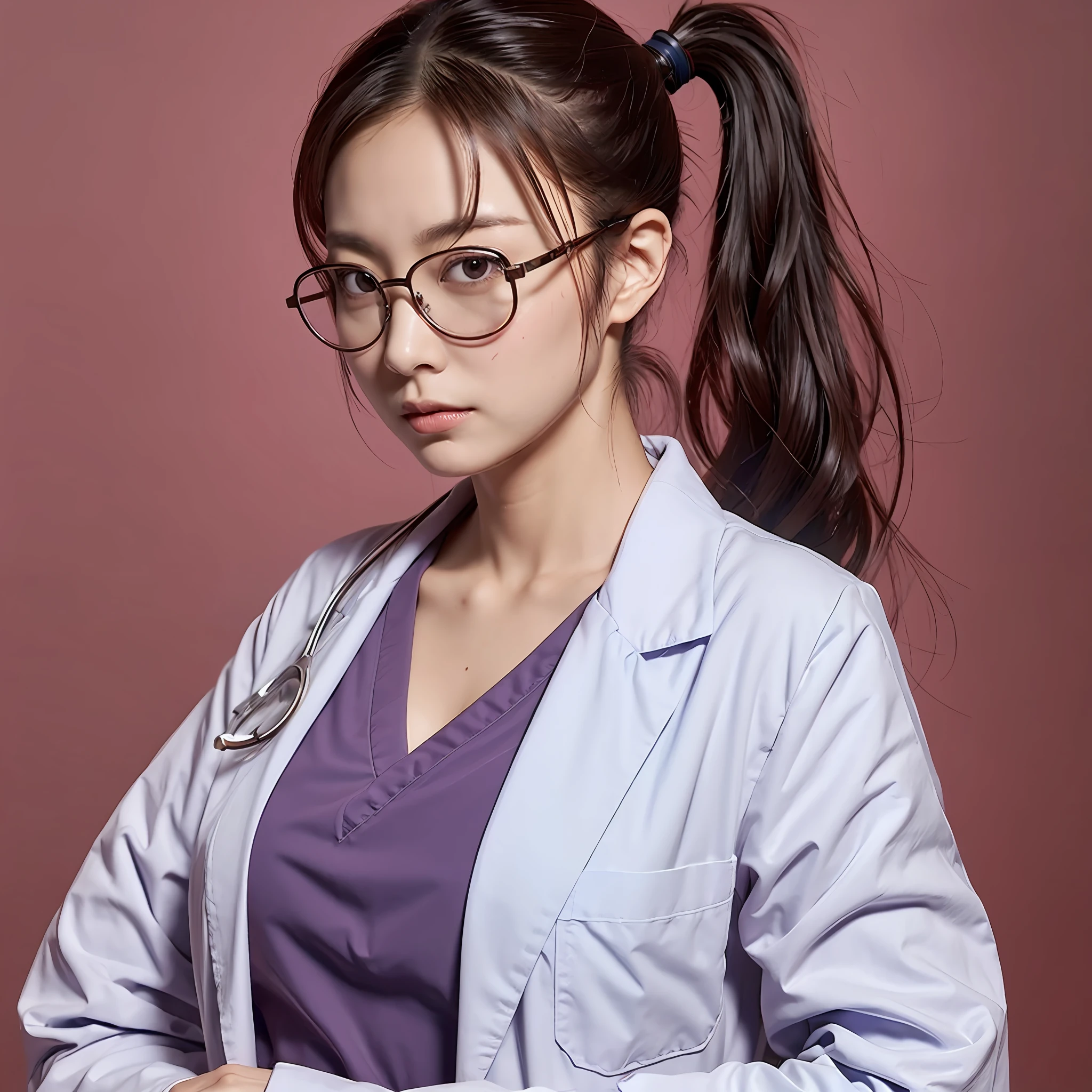 Japan female doctor, lab coat, red scrub, ponytail, glasses, ER --auto --s2
