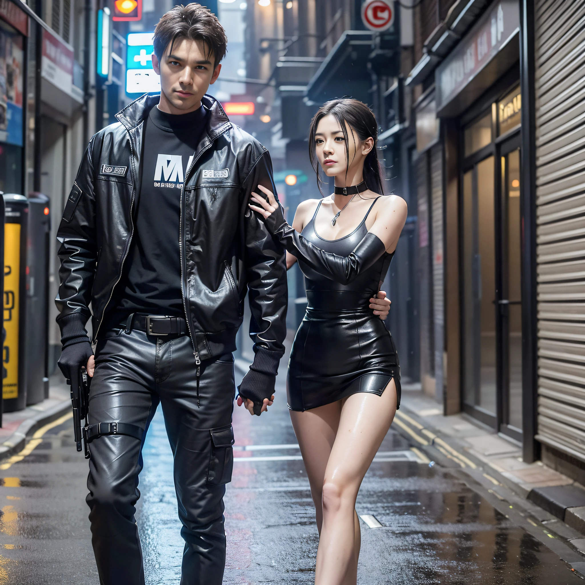 A man and a woman are agents hugging each other, it's raining, they're holding pistols, they're hiding, their clothes are torn, their clothes are wet, they're being chased on a narrow street corner in modern London, the two are physically close together, cyberpunk style, 8K photos, good detail, masterpiece, top quality, high resolution, super detail