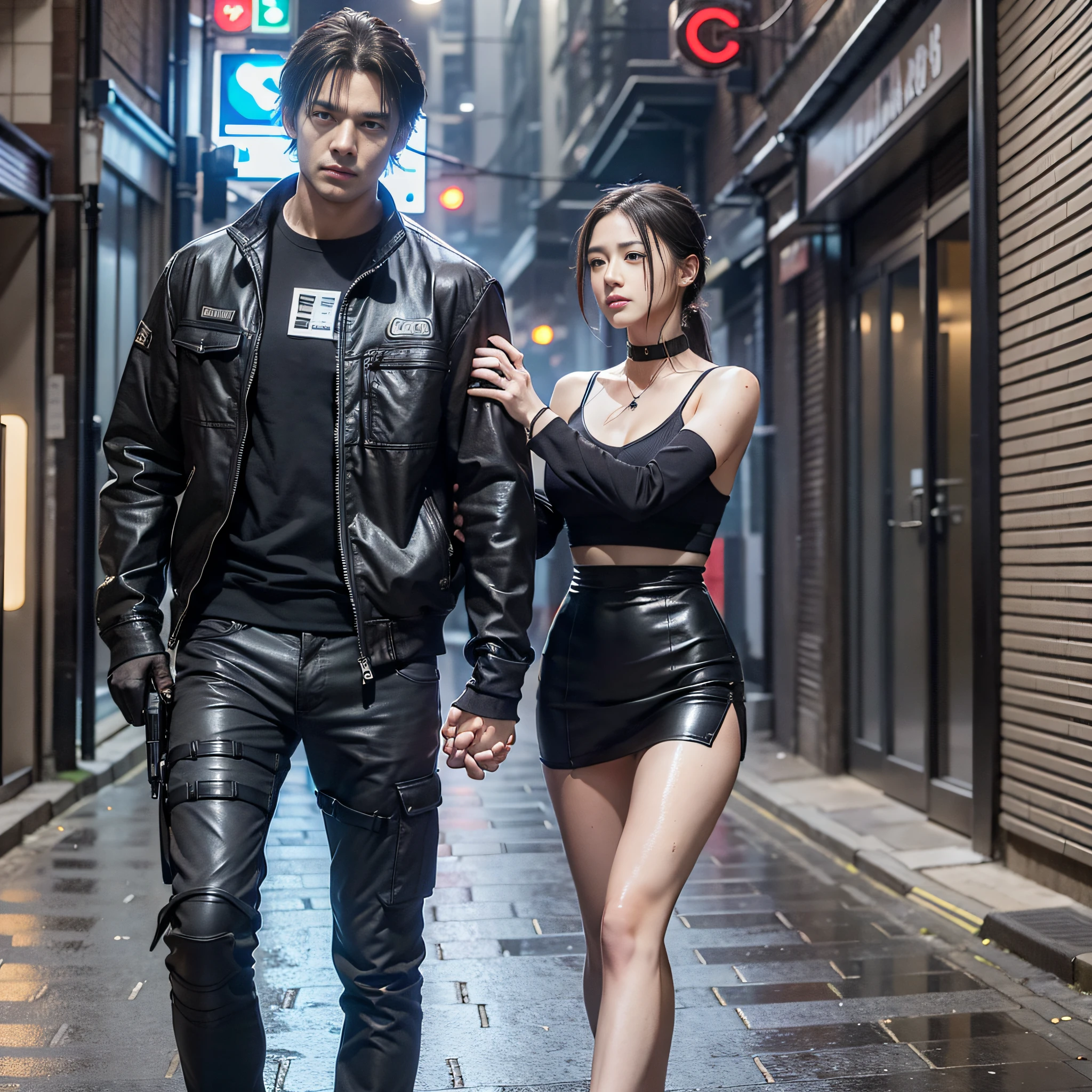 A man and a woman are agents hugging each other, it's raining, they're holding pistols, they're hiding, their clothes are torn, their clothes are wet, they're being chased on a narrow street corner in modern London, the two are physically close together, cyberpunk style, 8K photos, good detail, masterpiece, top quality, high resolution, super detail