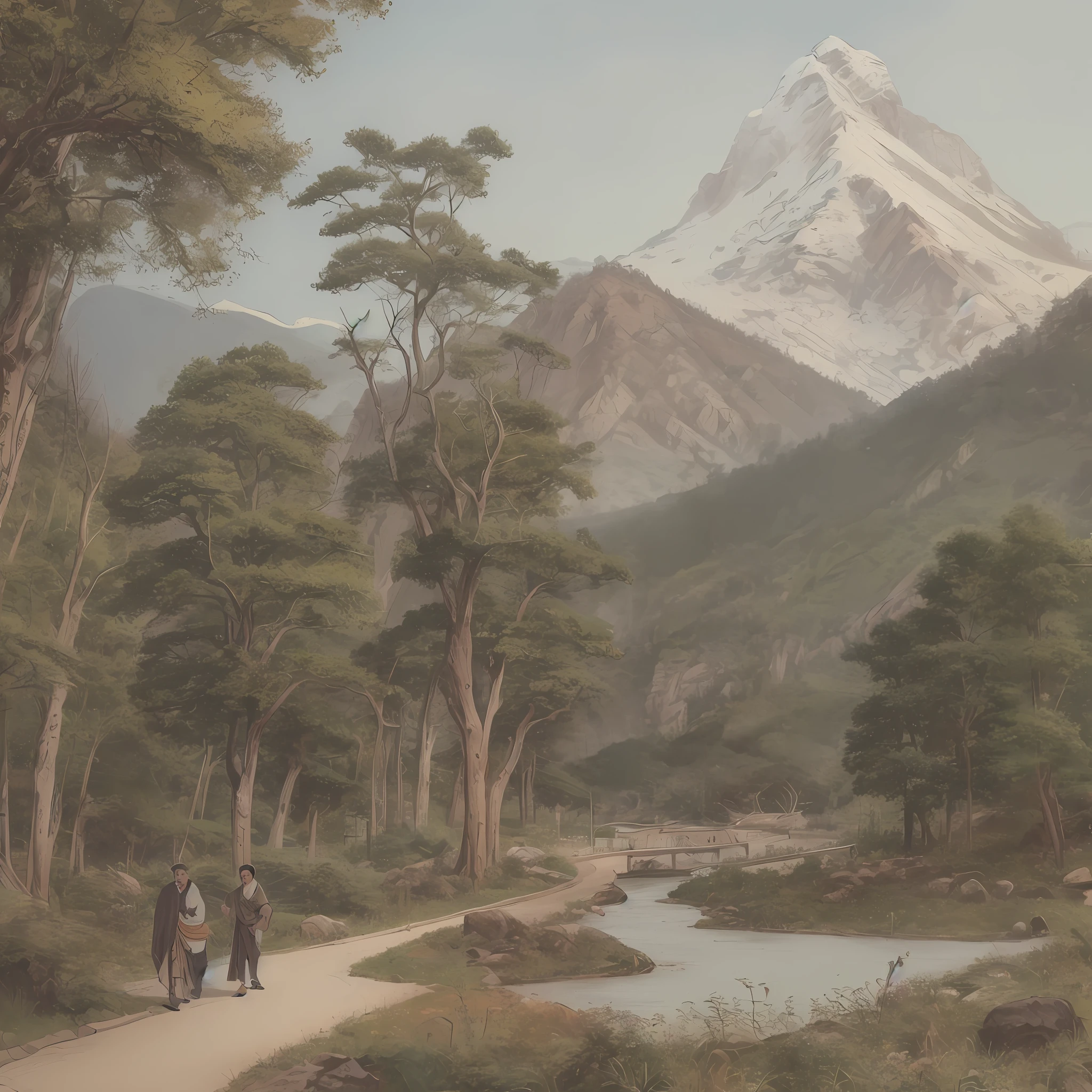 A landscape painting with trees and mountains as a background, Badalshan people, landscape, a painting, ancient Chinese painting --auto --s2