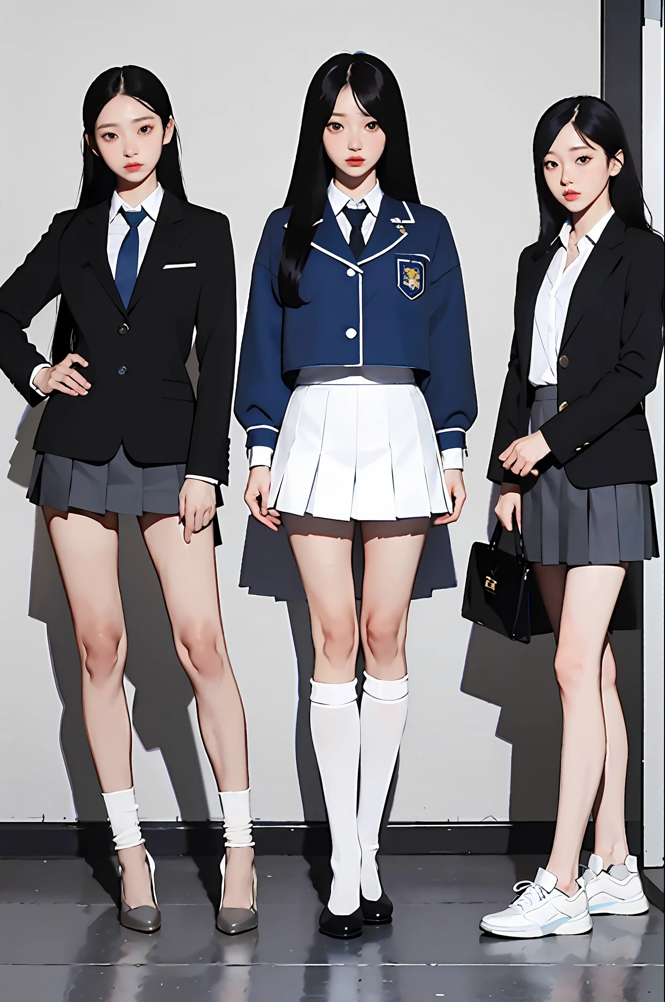 Full body, Polaroid blue tone, masterpiece, best quality, 3girls, school uniform, pleated skirt, ass, ulzzang, dark background