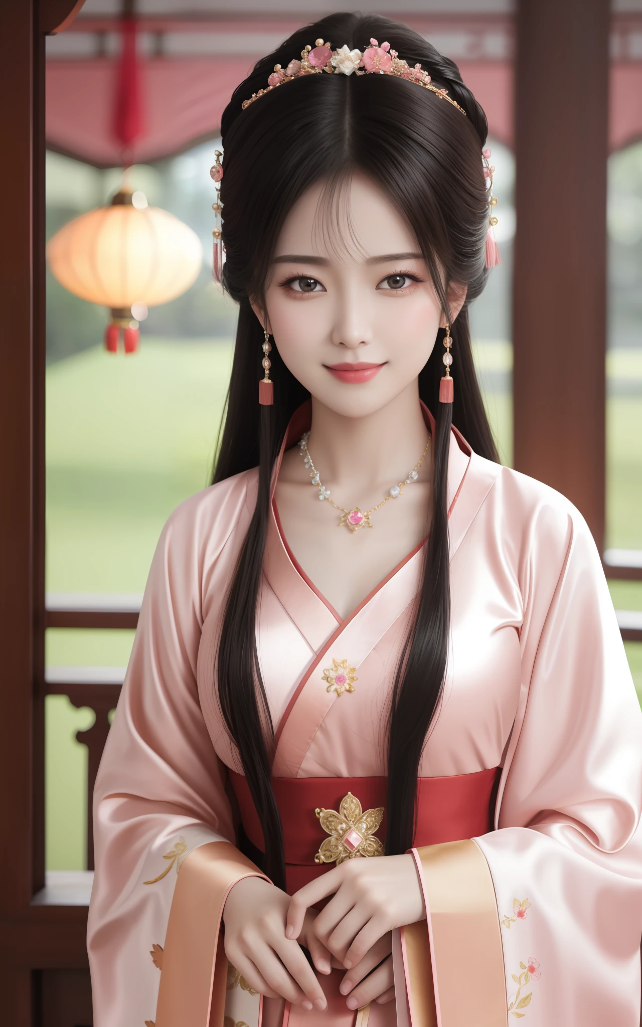 Superb Quality, Masterpiece, High Resolution, 1Girl, Blush, (Seductive Smile: 0.8), Star Pupil, Chinese Hanfu, Hair Accessories, Necklace, Jewelry, Beauty, on_body, Tyndall Effect, Realistic, Shadow Room, Light Edge, Two-tone Lighting, (High Detail Skin: 1.2), 8K UHD, SLR, Soft Light, High Quality, Volume Lighting, Candid Photo, High Resolution, 4K, 8K, Background Blur, Real Person