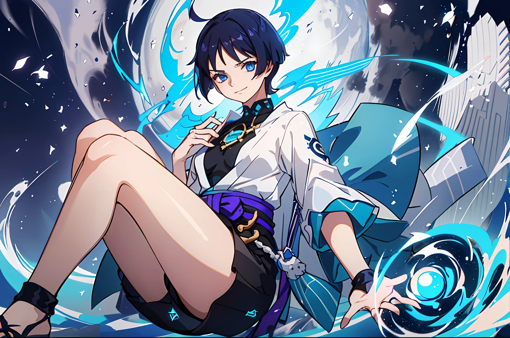 (1girl), wanderer, (female), solo, dark blue hair, dark blue eyes, white open tunic, (small breasts), shorts, sharp eyes, smirk, cocky, condescending, levitating, looking down, above ground, wind sphere on hands, wanostyle