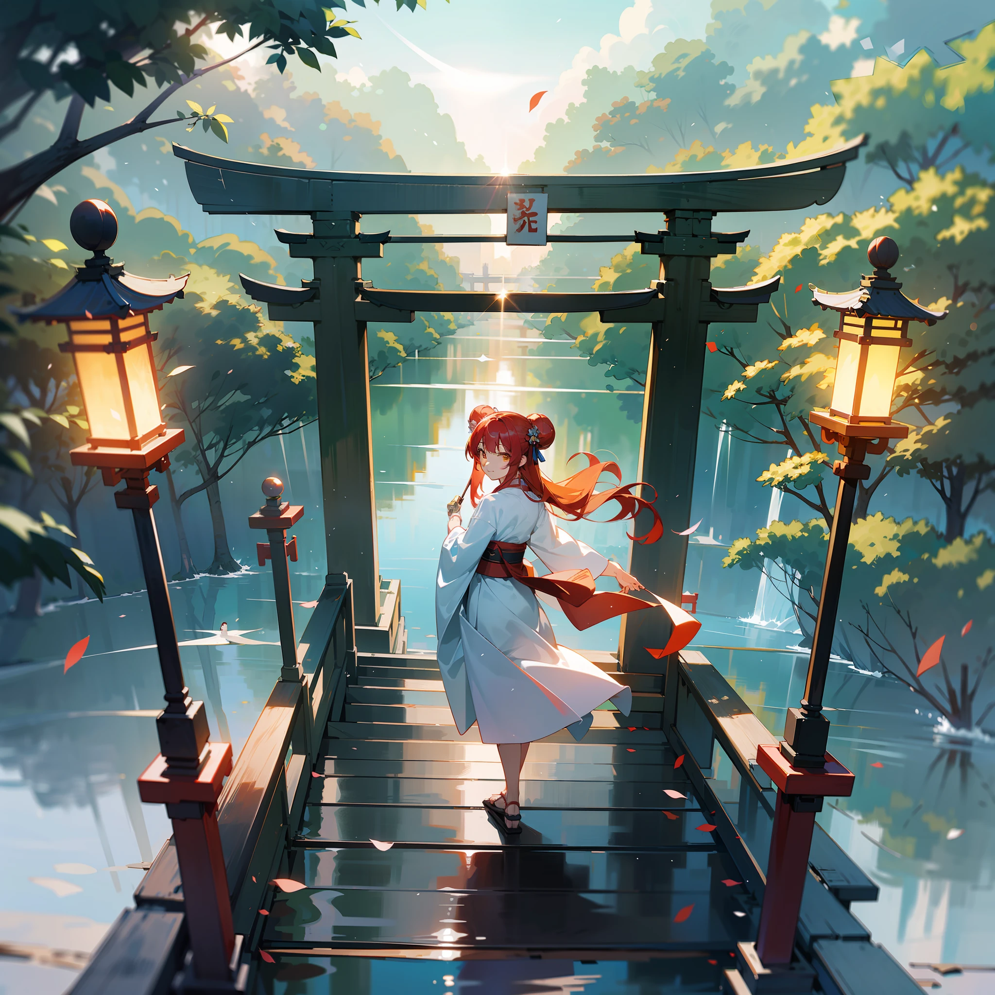 You may be entering: Chinese (Simplified)
((Masterpiece, Best Quality)), Long Hair, Looking Viewer, Looking Back at Distant Torii, 1. Girl Water Walking, Belt, Sea Surface, Red Eyes, Red Hair, Ribbon, Sandals, Single Bun, , Standing, (Torii), Tree, White Kimono, Yellow Eyes, Realistic Details, Highly Complex Between 8K, Vignetting, Light Leakage, Media Photography, Gloomy Art Painting Ethereal, Whimsical, Ripple, Dawn Background, Saturn in Background, Illustration, Concept Art, Anime, Key Vision, Trend Pixiv, 8K uhd