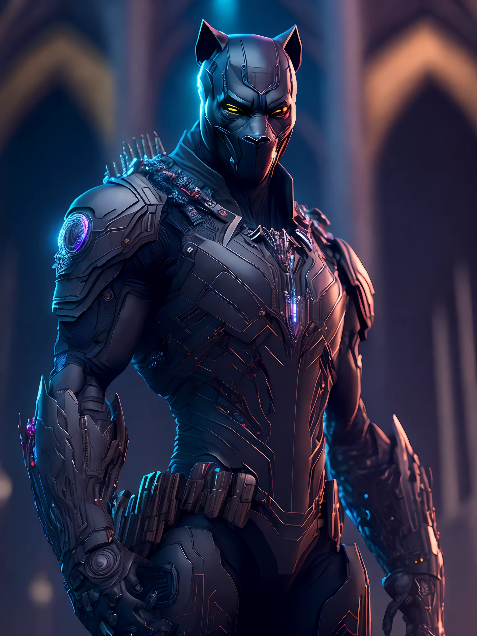 Portrait, Zombie Black Panther from Marvel, biomechanical, complex robot, full growth, hyperrealistic, insane small details, extremely clean lines, cyberpunk aesthetic, masterpiece unveiled at Zbrush Central, gothic brutalist cathedral, cyberpunk, award-winning photo, bokeh, neon lights, cybernetic limb