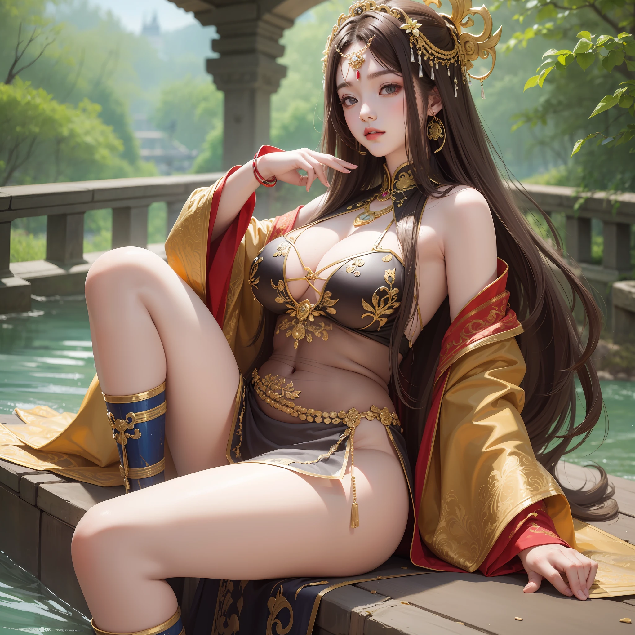 Upper body, masterpiece, best quality, high resolution, long brown hair, jewelry hairpin, fat buttocks, stream stone or temple or bridge, pole suit, sitting, (Song dynasty, Song costume: 1.2),