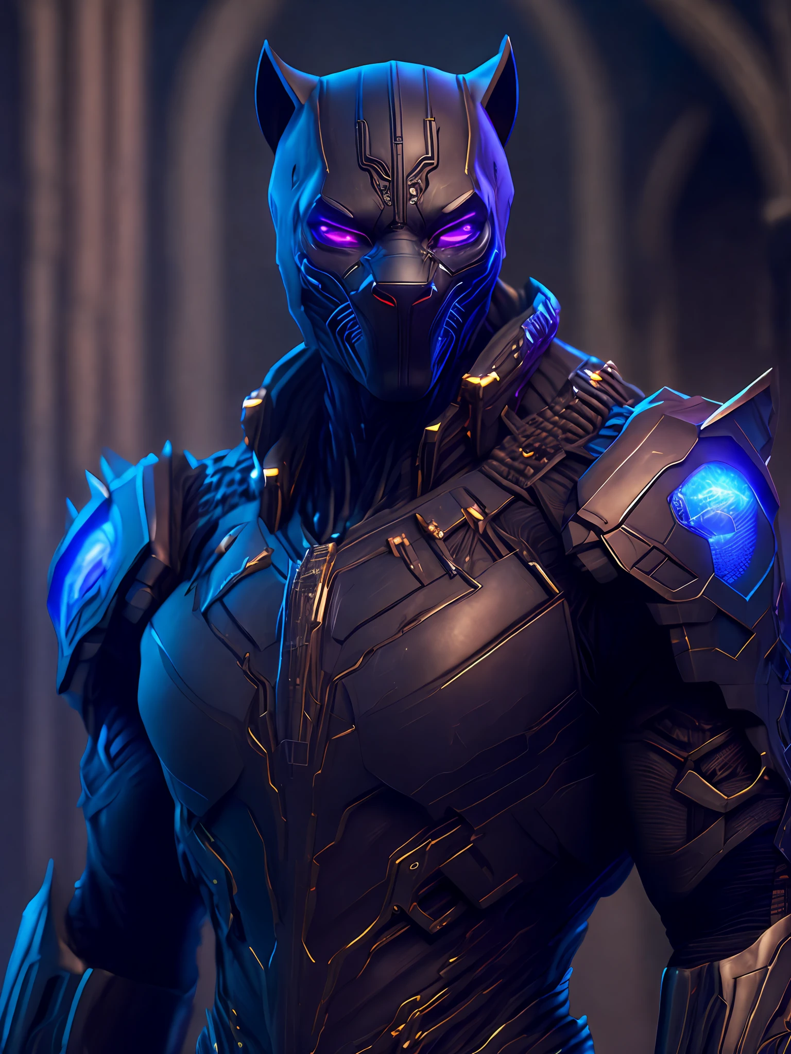 Portrait, Zombie Black Panther from Marvel, biomechanical, complex robot, full growth, hyperrealistic, insane small details, extremely clean lines, cyberpunk aesthetic, masterpiece unveiled at Zbrush Central, gothic brutalist cathedral, cyberpunk, award-winning photo, bokeh, neon lights, cybernetic limb