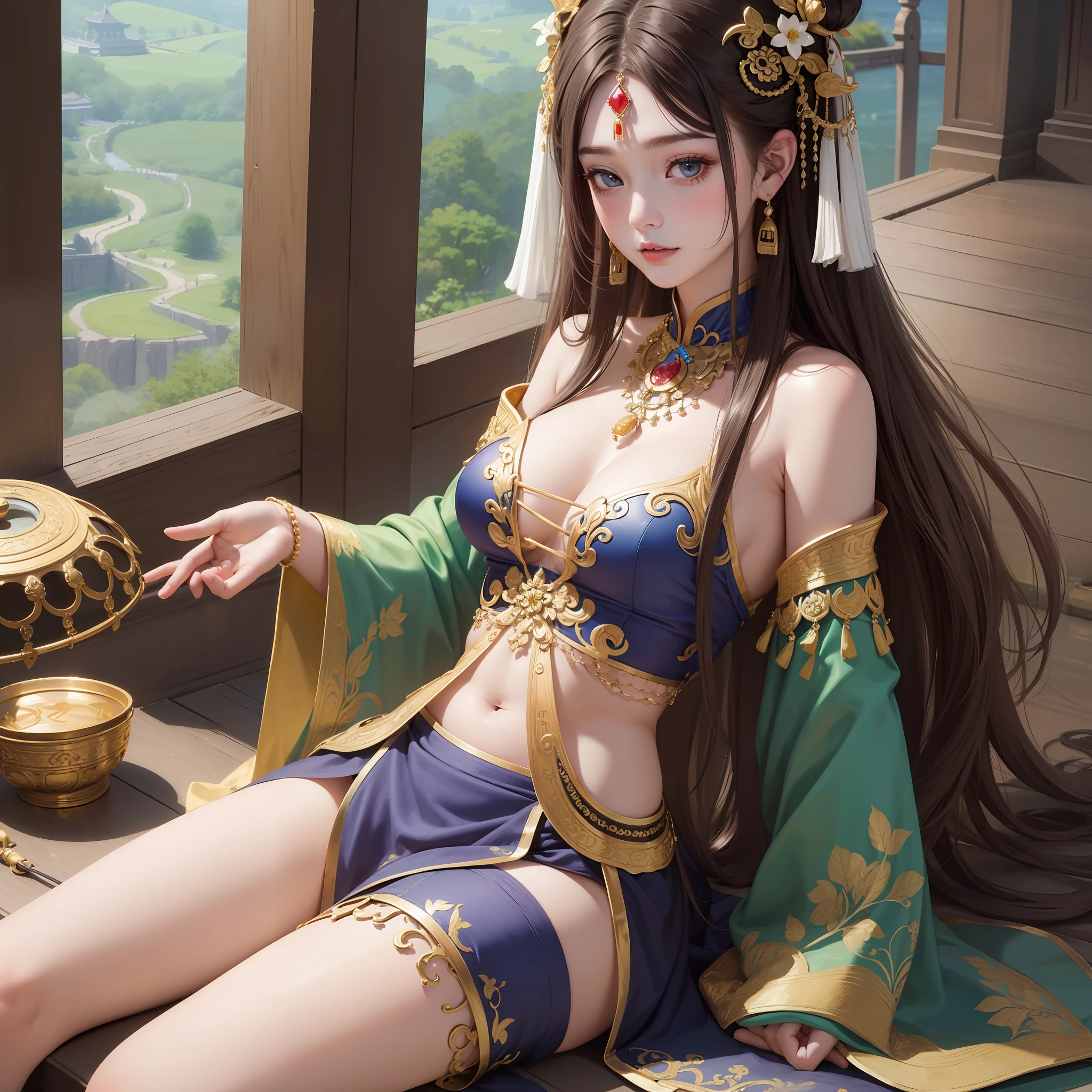 Upper body, masterpiece, best quality, high resolution, long brown hair, jewelry hairpin, fat buttocks, stream stone or temple or bridge, pole suit, sitting, (Song dynasty, Song costume: 1.2),