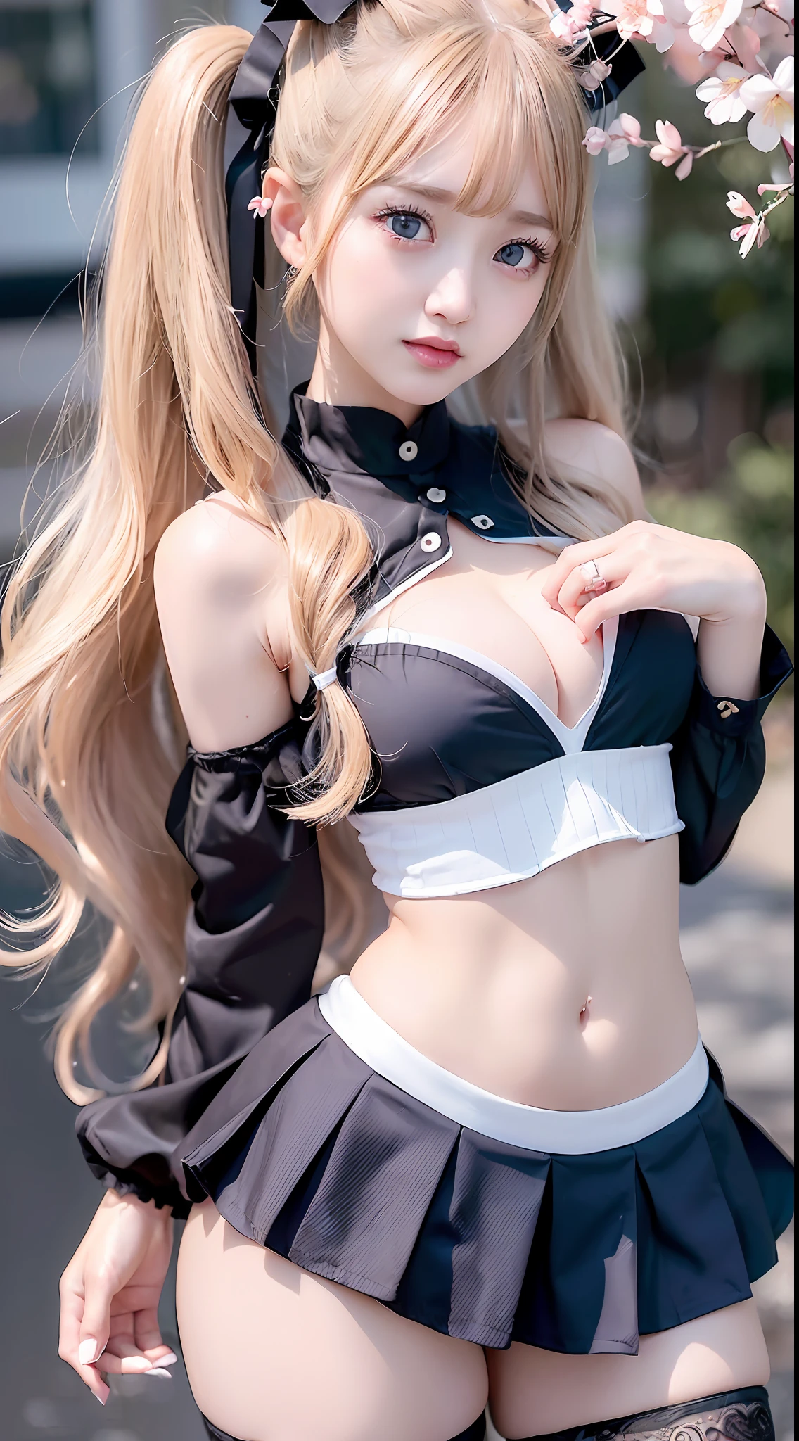 (rtx,vvs,super_detail, wide shot, full body), high_qualityBlonde_hair, egg shaped_face,blue_eyes, small_nose, long_eyelashes,small_face, woman, 1girl, serafuku_ (sexy uniform), cleavage_cutout, center_opening,((sideboop, underboop, midriff, stomach_cutout, navel_cutout, side_slit,large_breasts)), zettai_ryouiki, crotch_cutout, school_uniform, bow_hair, lip gloss, lip_balm, standing, masterpiece, pronounced, highres,  finely_detailed, (perfect_face, perfect_eyes, perfect_fingers, perfect_hands, perfect_arms),Long pigtails, (((cherry blossom background)),Cute girl,,((K-pop,K-pop idol,Korea,Korean idol,revealing_clothes, 25-year-old female)),(delicate eyes, clear eyes)((oiled:1.3))