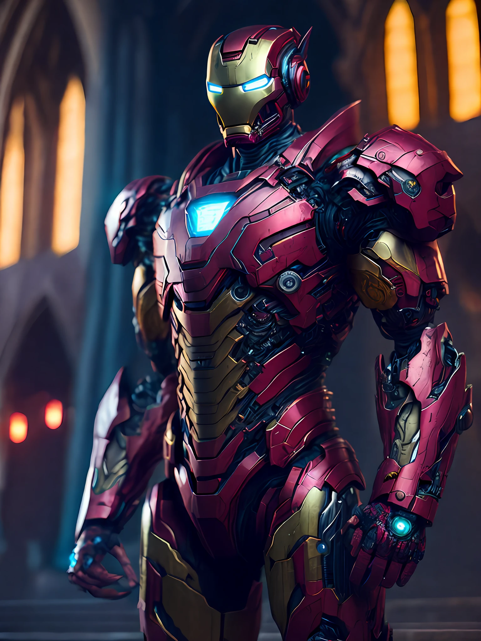 Portrait, Zombie Iron Man from Marvel, biomechanical, complex robot, full growth, hyperrealistic, insane small details, extremely clear lines, cyberpunk aesthetic, masterpiece presented at Zbrush Central, gothic brutalist cathedral, cyberpunk, award-winning photo, bokeh, neon lights, cybernetic limb