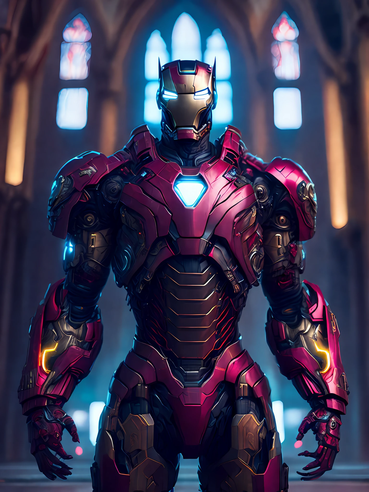 Portrait, Zombie Iron Man from Marvel, biomechanical, complex robot, full growth, hyperrealistic, insane small details, extremely clear lines, cyberpunk aesthetic, masterpiece presented at Zbrush Central, gothic brutalist cathedral, cyberpunk, award-winning photo, bokeh, neon lights, cybernetic limb