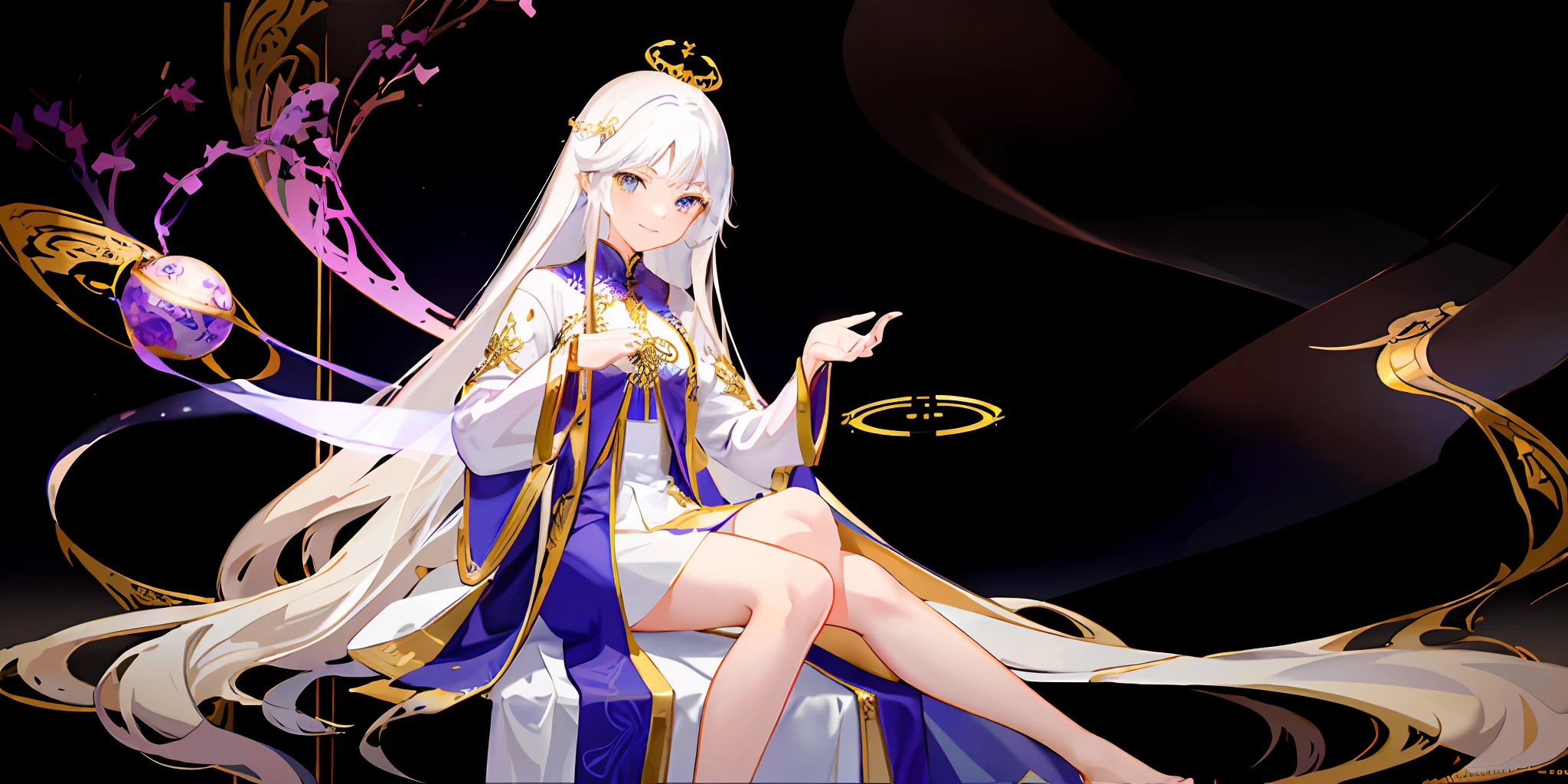 Pope all body, on the scepter, sitting on a throne, ((white robe with intricate golden pattern)), (1 girl), (solo), (cute anime face), golden eyes, white hair, long hair, smile, halo, (sitting on a low throne), in a magnificent castle,