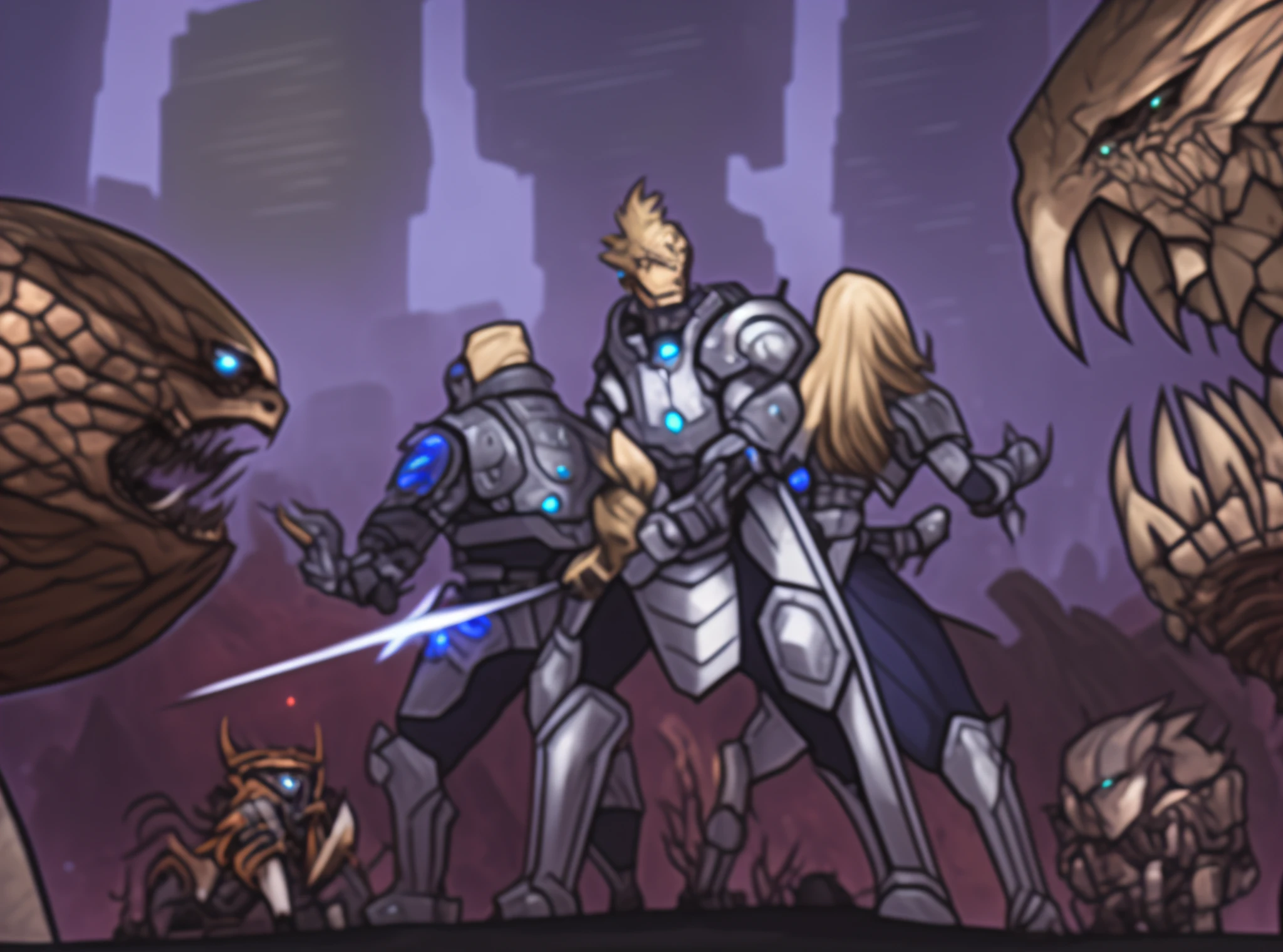 Two people stand in front of a giant monster, epic fantasy sci-fi illustration, defending the vast looming city, stylized urban fantasy artwork, sci-fi illustration, RPG artwork, epic full-color illustration, epic RPG artwork, promotional art, epic comic book style, concept artwork, sigma art era, game illustration, avant-garde adventure sci-fi, award-winning sci-fi art, trends on artstation, trends on CGsociety, High Detail, art by midjourney, technology, comfory, pixiv, two people standing in front of a giant monster, epic fantasy sci-fi illustration, defending the vast looming city, stylized urban fantasy artwork, sci-fi illustration, RPG artwork, epic full-color illustration, epic RPG artwork, promotional art, epic comic book style, concept artwork, sigma art era, game illustration, avant-garde adventure sci-fi, award-winning sci-fi art
