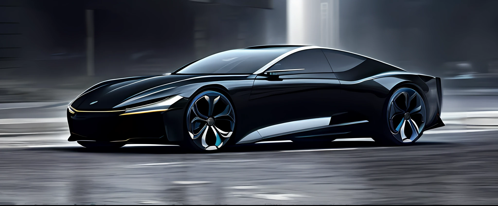 black car, concept car, futuristic concept car, smooth lines, powerful power, rendering of futuristic supercar, car in picture driving on the street, unmanned street, real rendering, real light and shadow, reflective details