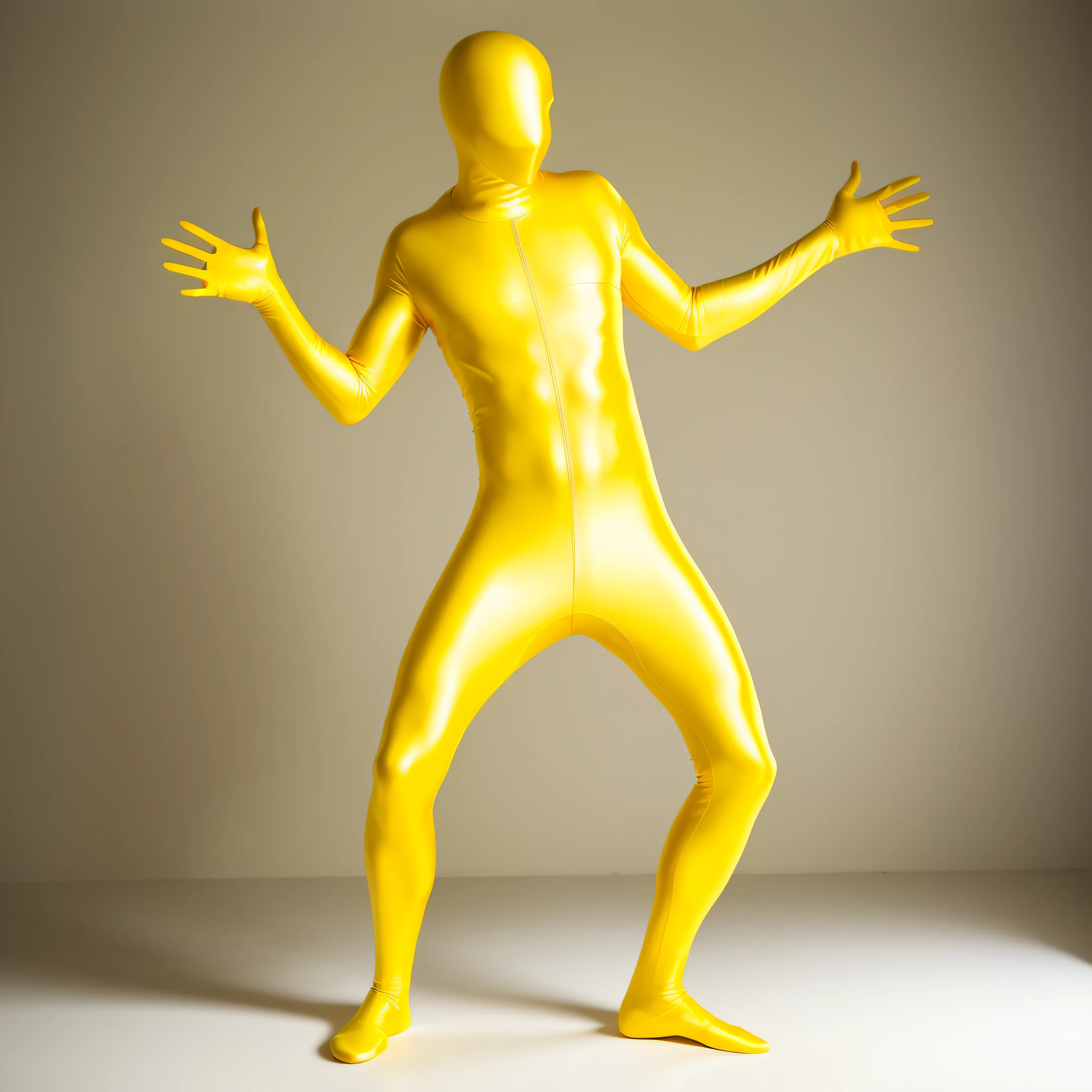 Man in yellow bodysuit, yellow body, zentai suit, full bodysuit, skin tight suit, lycra costume, tight full body suit, yellow skin, yellow jumpsuit, yellow bodysuit