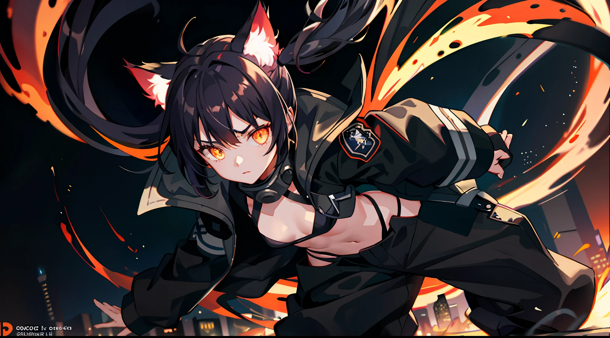 1girl, open jacket, oversized pants, flame effect, cat ears aura, glowing eyes, serious, masterpiece, small breasts, city, night, dark, motion lines