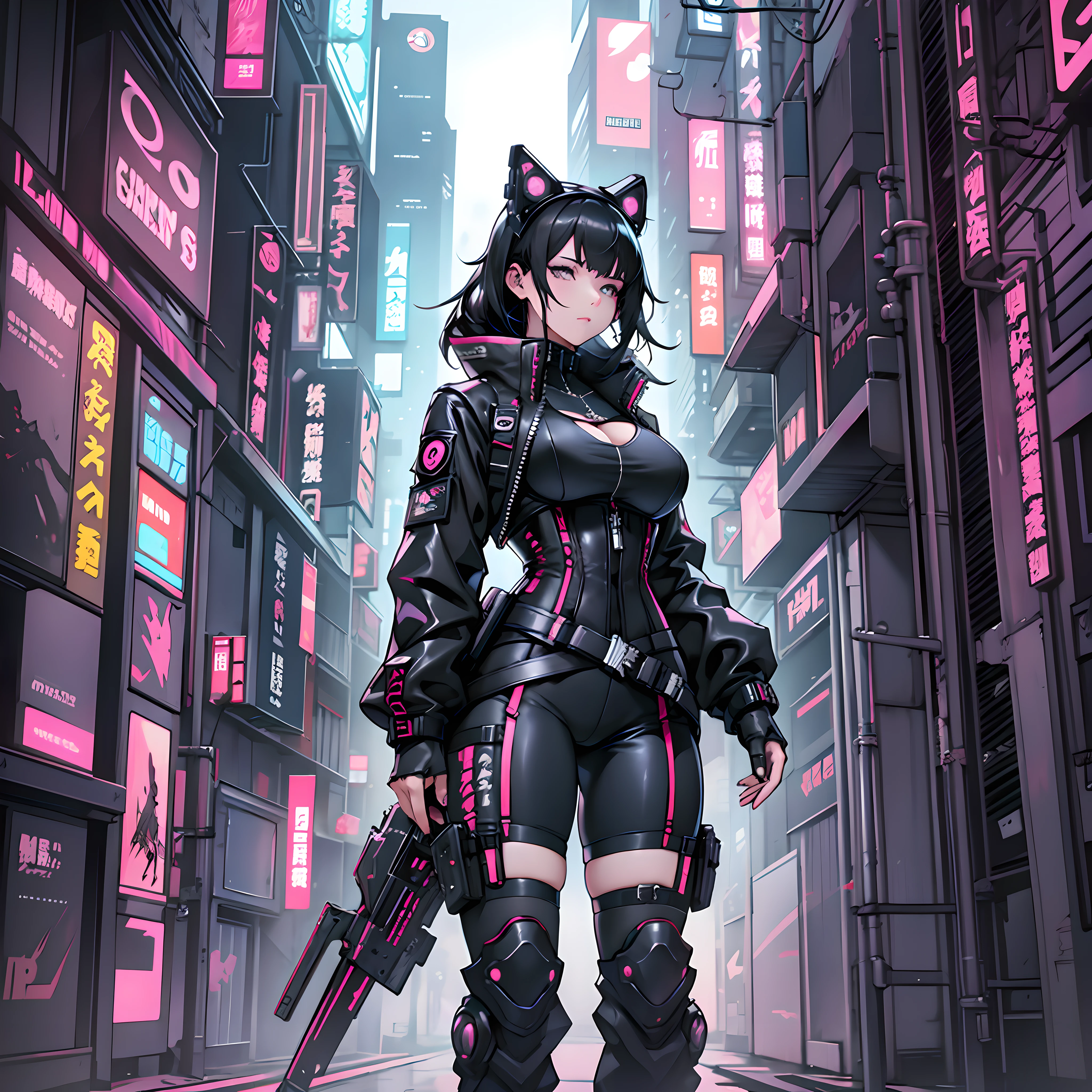 there is a woman with massive breasts in a corset and a black and white outfit, wearing techwear and armor, cyberpunk outfit, wearing japanese techwear, intriguing outfit, all black cyberpunk clothes, cyberpunk style outfit, female cyberpunk anime girl, cyberpunk streetwear, cyberpunk dress, anime girl cosplay, photograph of a techwear woman, cyberpunk anime girl, wearing cyberpunk streetwear, maid outfit --auto --s2