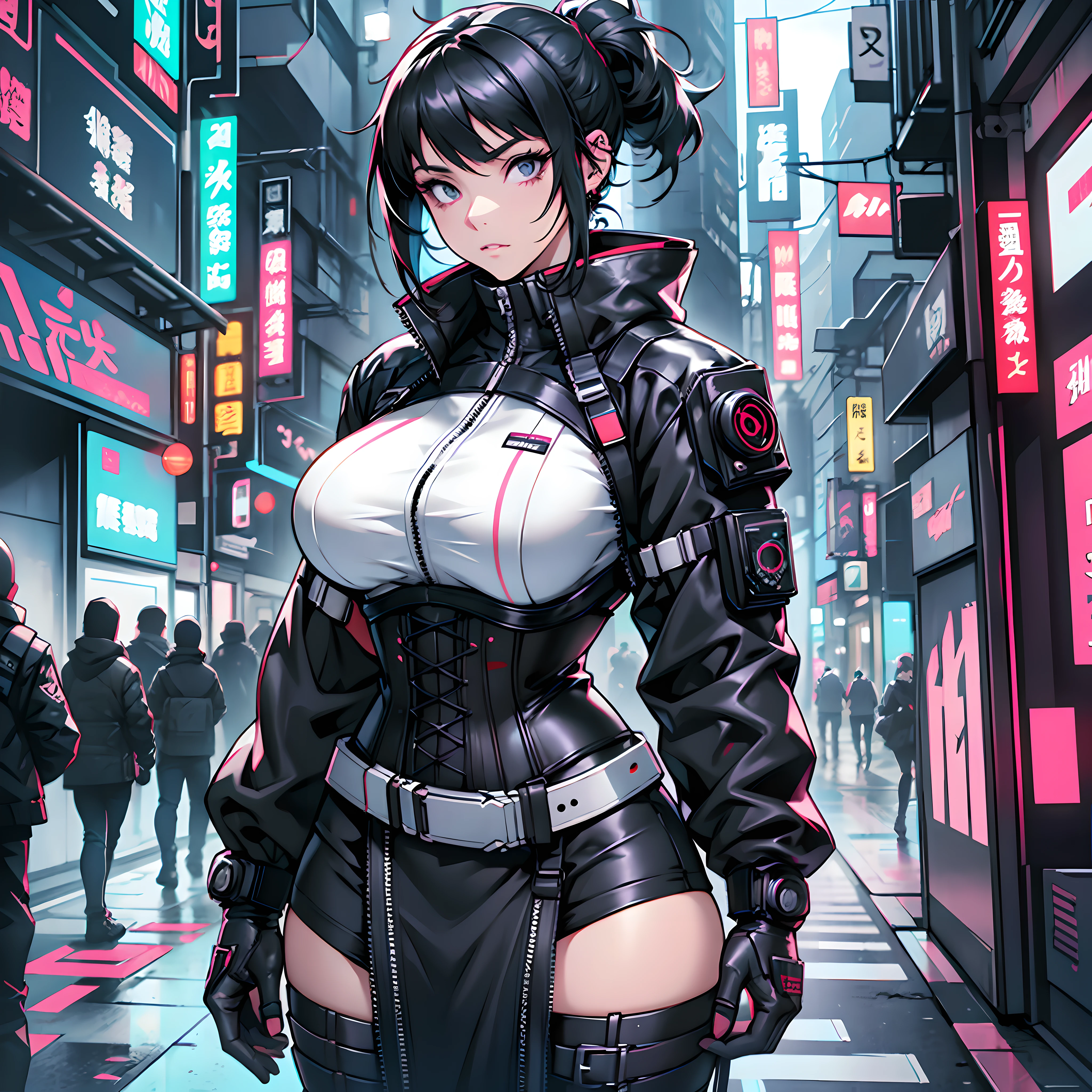 there is a woman with massive breasts in a corset and a black and white outfit, wearing techwear and armor, cyberpunk outfit, wearing japanese techwear, intriguing outfit, all black cyberpunk clothes, cyberpunk style outfit, female cyberpunk anime girl, cyberpunk streetwear, cyberpunk dress, anime girl cosplay, photograph of a techwear woman, cyberpunk anime girl, wearing cyberpunk streetwear, maid outfit --auto --s2