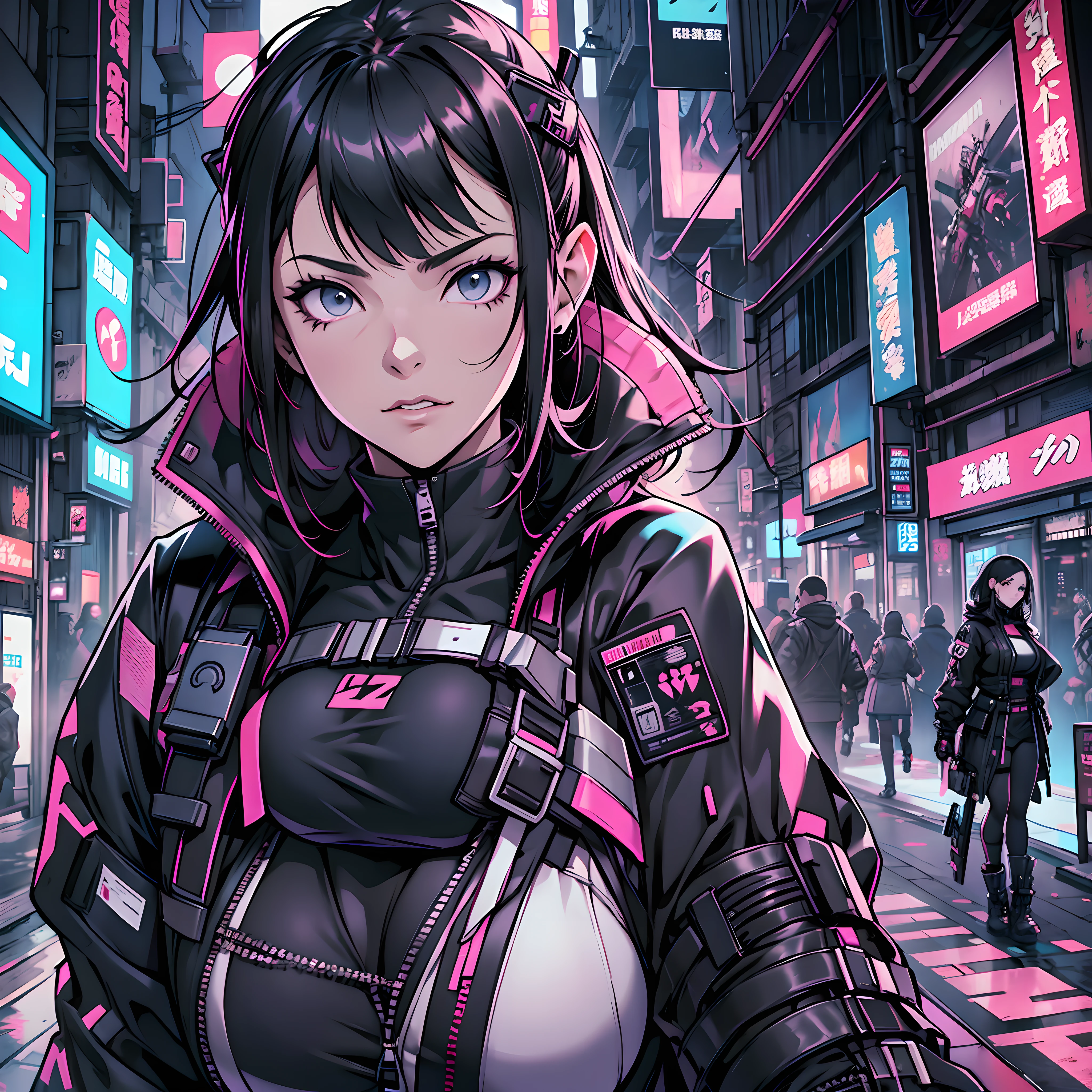 there is a woman with massive breasts in a corset and a black and white outfit, wearing techwear and armor, cyberpunk outfit, wearing japanese techwear, intriguing outfit, all black cyberpunk clothes, cyberpunk style outfit, female cyberpunk anime girl, cyberpunk streetwear, cyberpunk dress, anime girl cosplay, photograph of a techwear woman, cyberpunk anime girl, wearing cyberpunk streetwear, maid outfit --auto --s2