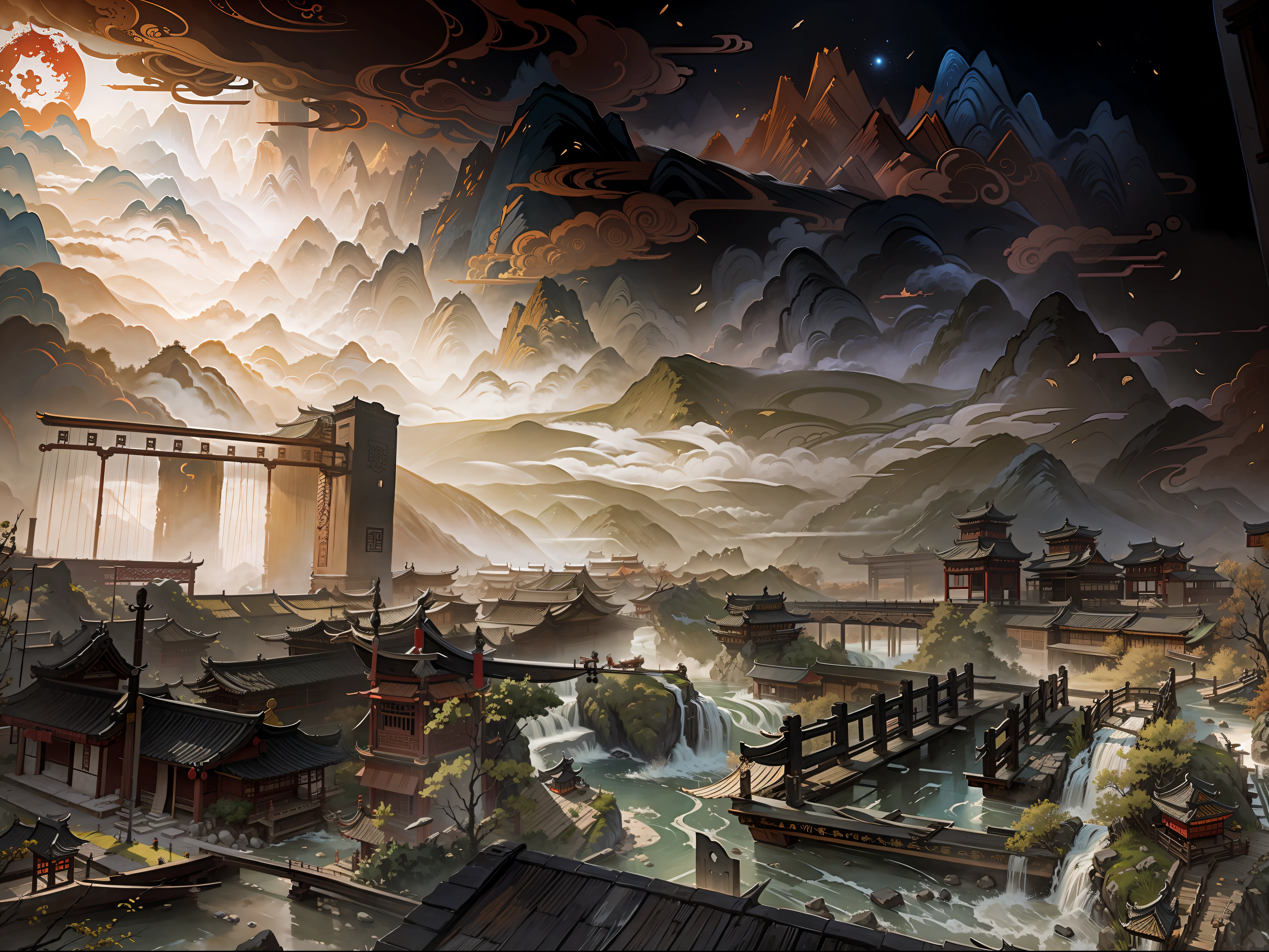 Ancient Chinese scenery, mountains, rivers, auspicious clouds, sunshine, masterpieces, super detail, epic composition, ultra HD, high quality, extremely detailed, official art, unified 8k wallpaper, Super detail, 32k -- v 6