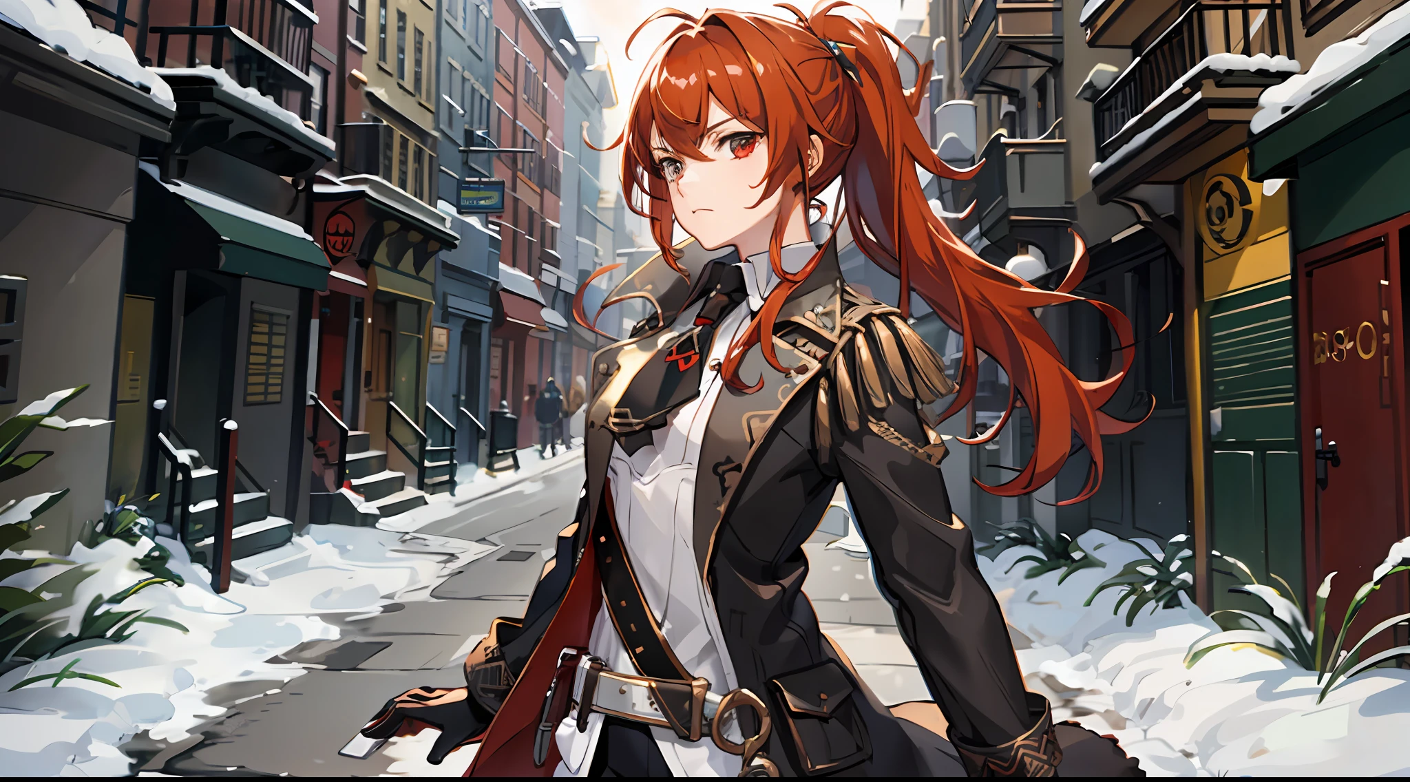 (1girl), solo, female, overcoat, long hair, red hair, gloves, small breasts, serious, closed mouth, cool, ponytail