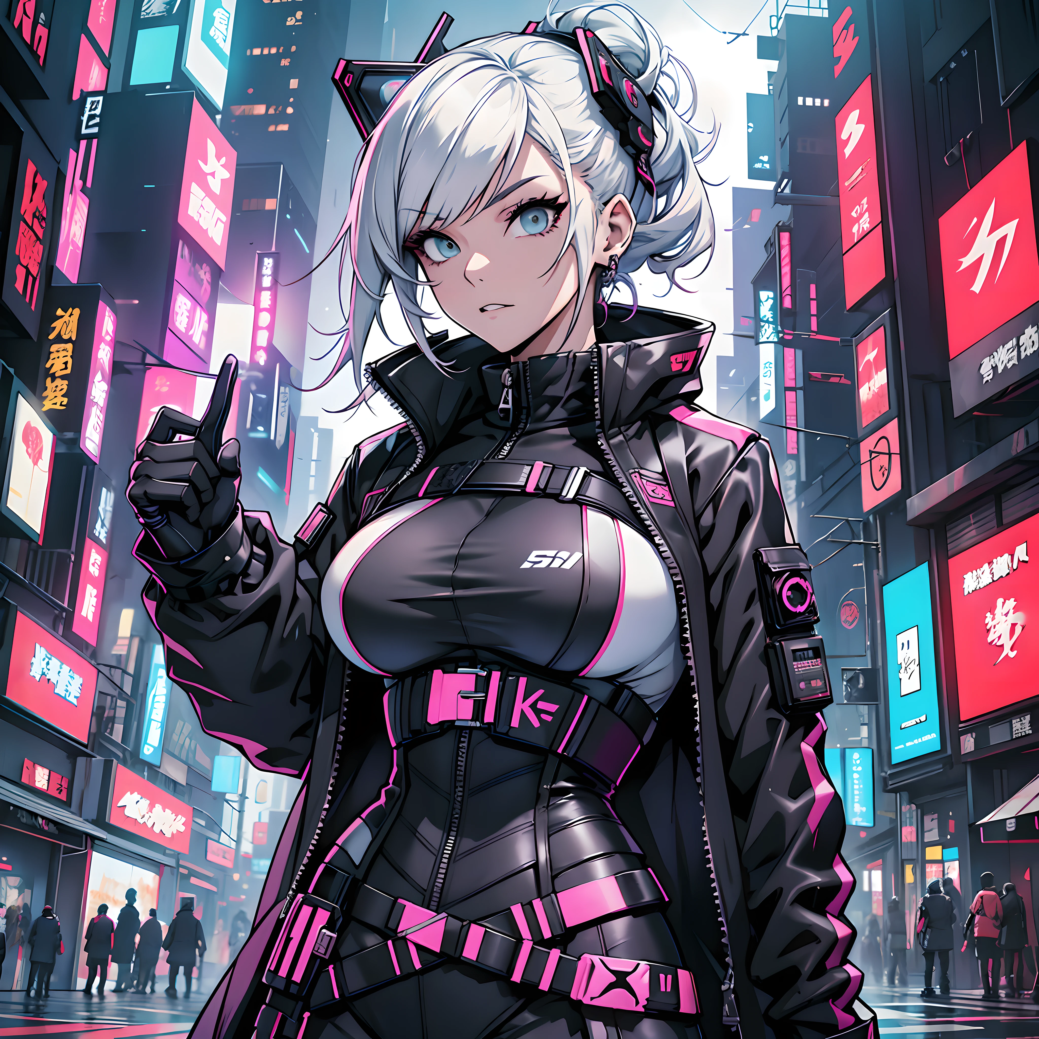 there is a woman with massive breasts in a corset and a black and white outfit, wearing techwear and armor, cyberpunk outfit, wearing japanese techwear, intriguing outfit, all black cyberpunk clothes, cyberpunk style outfit, female cyberpunk anime girl, cyberpunk streetwear, cyberpunk dress, anime girl cosplay, photograph of a techwear woman, cyberpunk anime girl, wearing cyberpunk streetwear, maid outfit --auto --s2