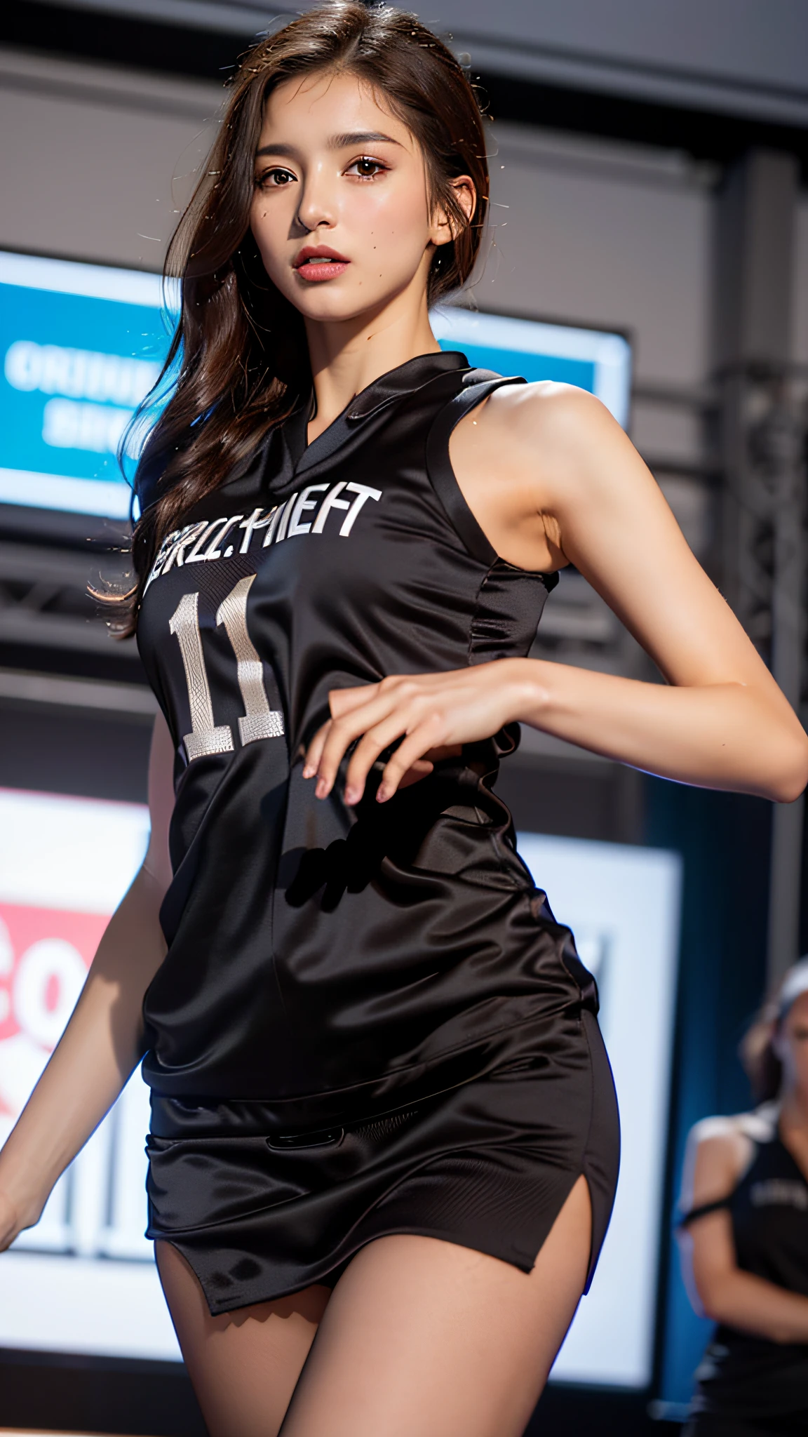 (Best Quality, 4K, Masterpiece: 1.3), Pretty Woman, 1girl, Sexy: 1.1, Dark Brown Hair: 1.1, Woman in Basketball Suit, Soaked Jersey, Ultra-detailed Face, Detailed Lips, Delicate Eyes, Double Eyelids, ((Short Skirt))