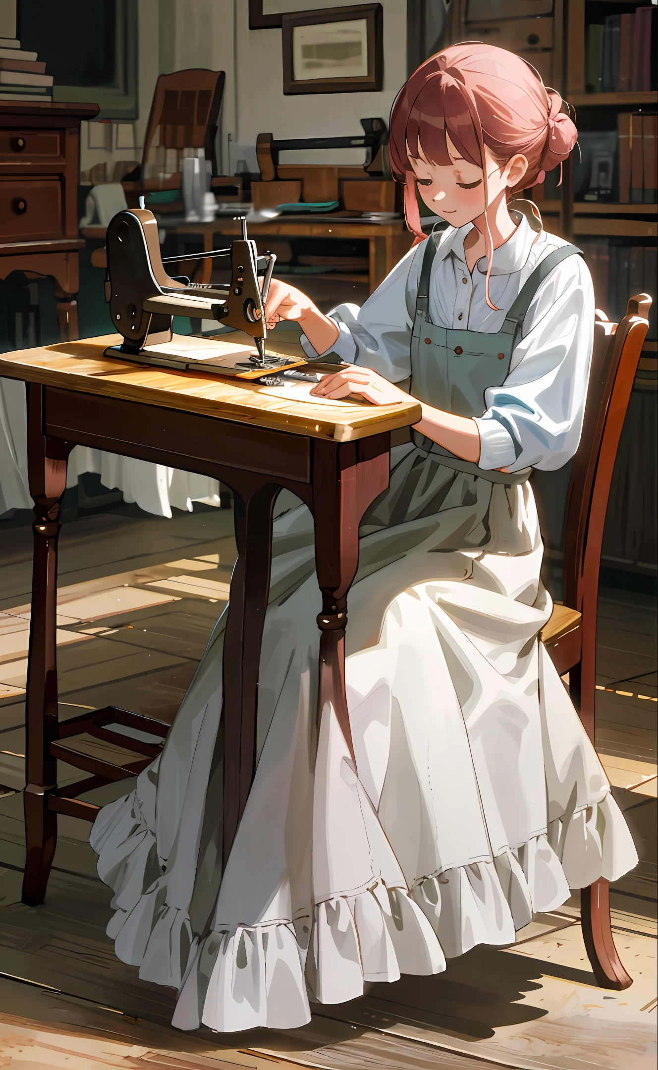 realistic forography in 4K quality, A0 format horizontally, captures the work of a 30-year-old seamstress sewing summer dresses on a historic sewing machine in a luxuriously furnished workshop