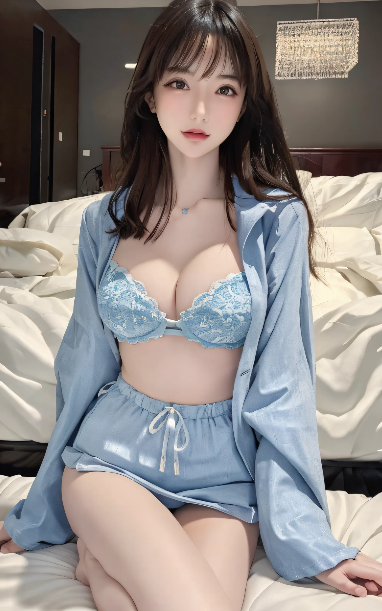 Superb, Ultra High Quality, (Realistic, Photorealistic), Instagram (Photorealistic, High Resolution: 1.4), Beauty, Japan Person, (Beautiful Face: 1.4), (Big, Slender, Constricted Waist), Medium Hair, On Bed, Bokeh, Beauty, Glossy Skin, Small Head, Full Body, Flashy Sexy Lingerie, Bewitching, Sexy Pose, Solo