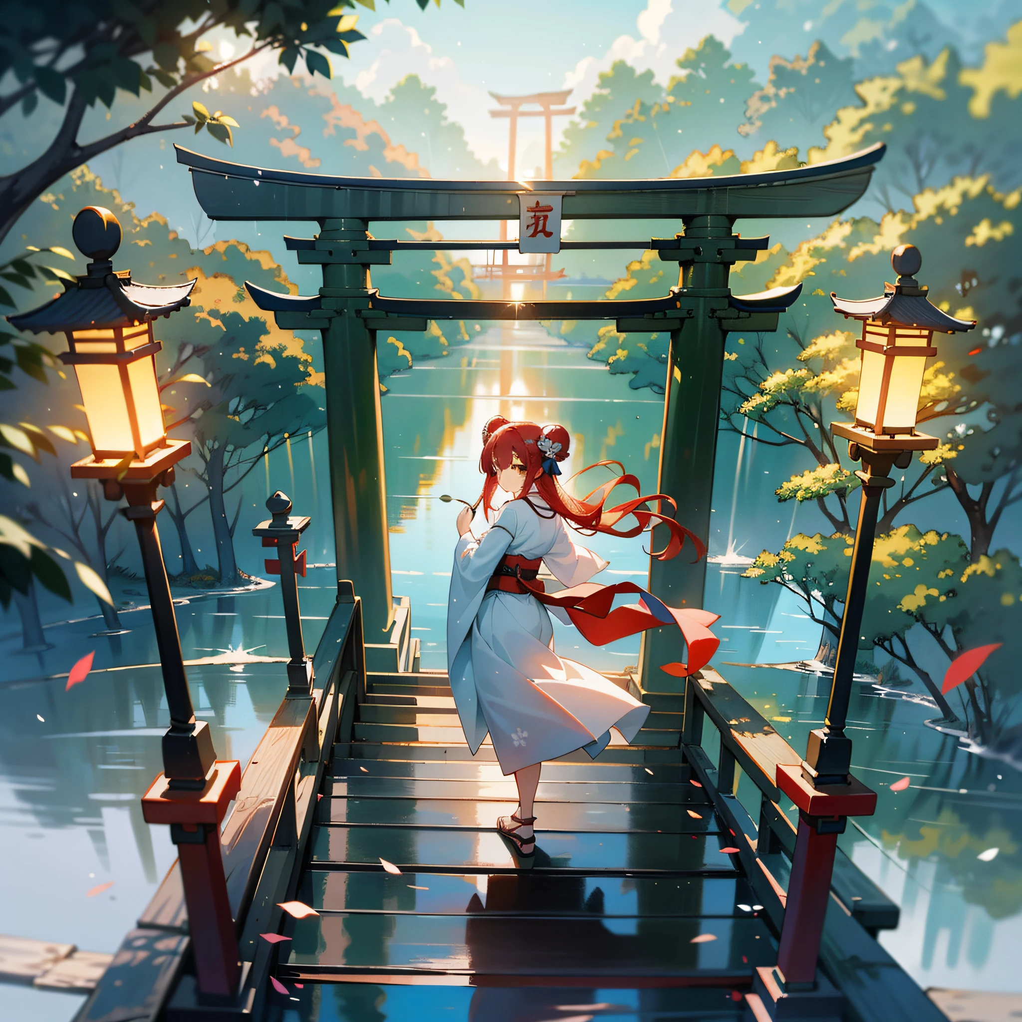 You may be entering: Chinese (Simplified)
((Masterpiece, Best Quality)), Long Hair, Looking Viewer, Looking Back at Distant Torii, 1. Girl Water Walking, Belt, Sea Surface, Red Eyes, Red Hair, Ribbon, Sandals, Single Bun, , Standing, (Torii), Tree, White Kimono, Yellow Eyes, Realistic Details, Highly Complex Between 8K, Vignetting, Light Leakage, Media Photography, Gloomy Art Painting Ethereal, Whimsical, Ripple, Dawn Background, Saturn in Background, Illustration, Concept Art, Anime, Key Vision, Trend Pixiv, 8K uhd