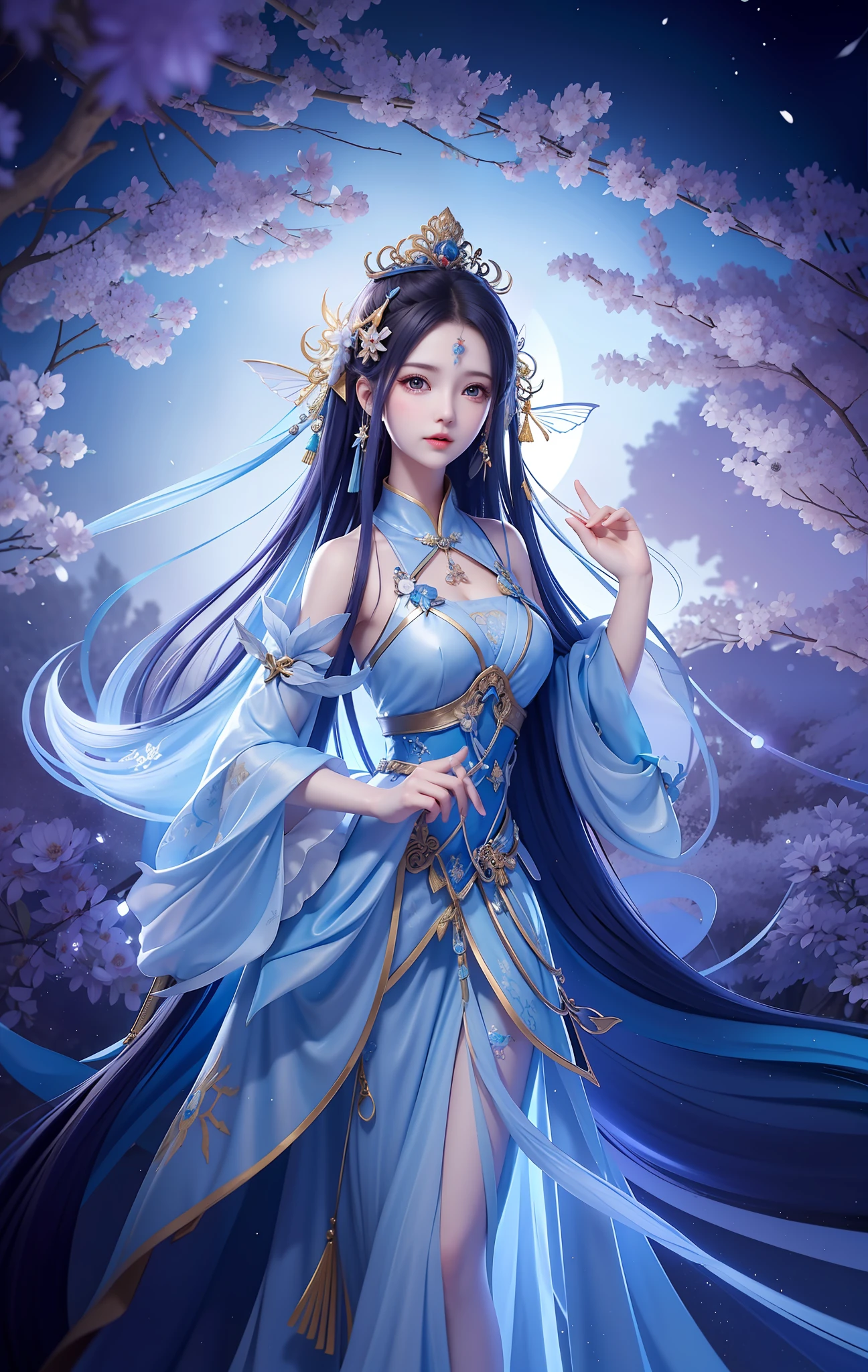 Sword girl in blue dress before the full moon, fairy tale fantasy, anime girl with long hair and blue skirt, beautiful girl with a crown ((a beautiful fantasy empress)), full body fairy swordsman, palace, girl in Hanfu, inspired by Lan Ying, fairy tale fantasy, fairy swordsman, Kurosawa Nishiya, beautiful figure painting